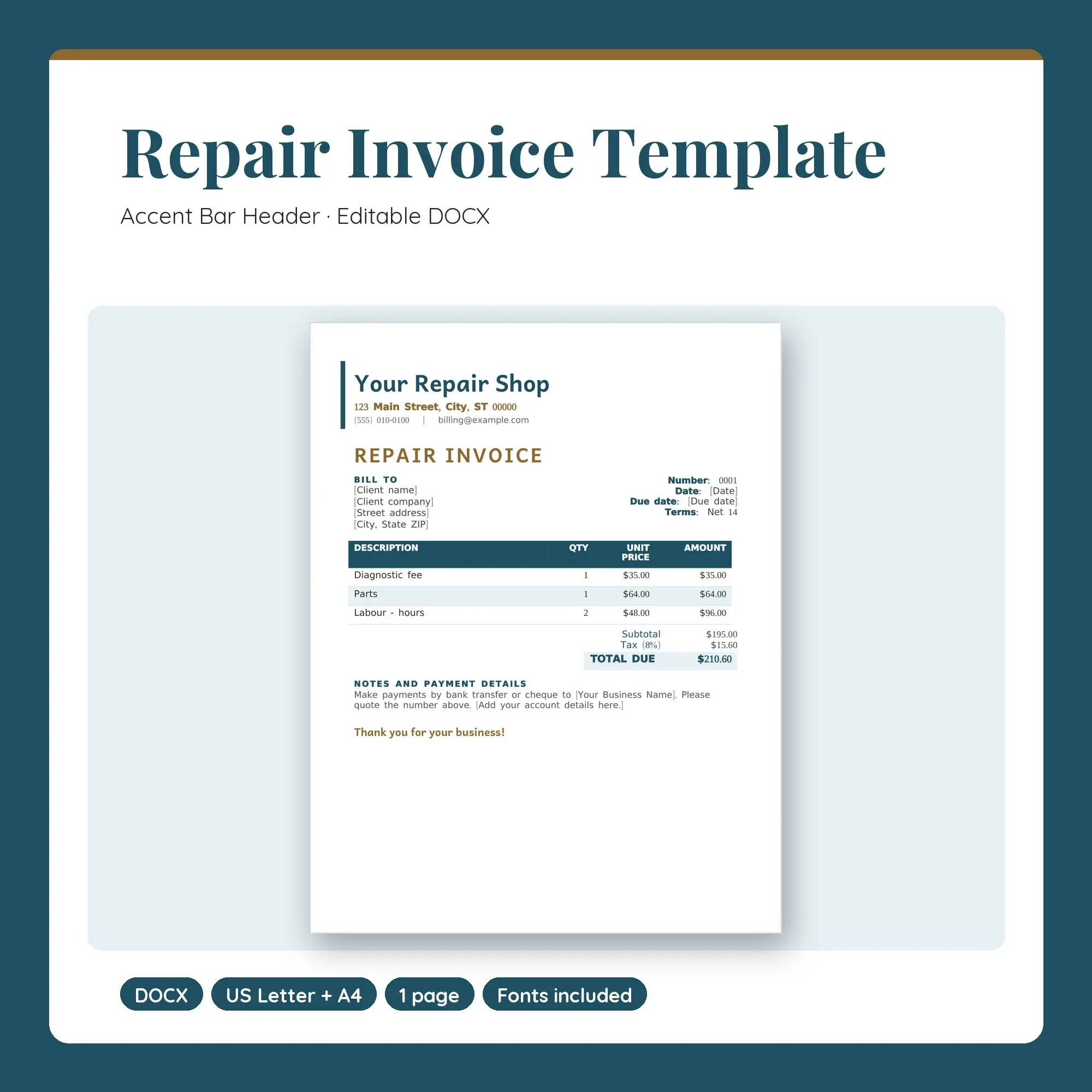 Repair Invoice Template, Accent Bar Header (DOCX) preview