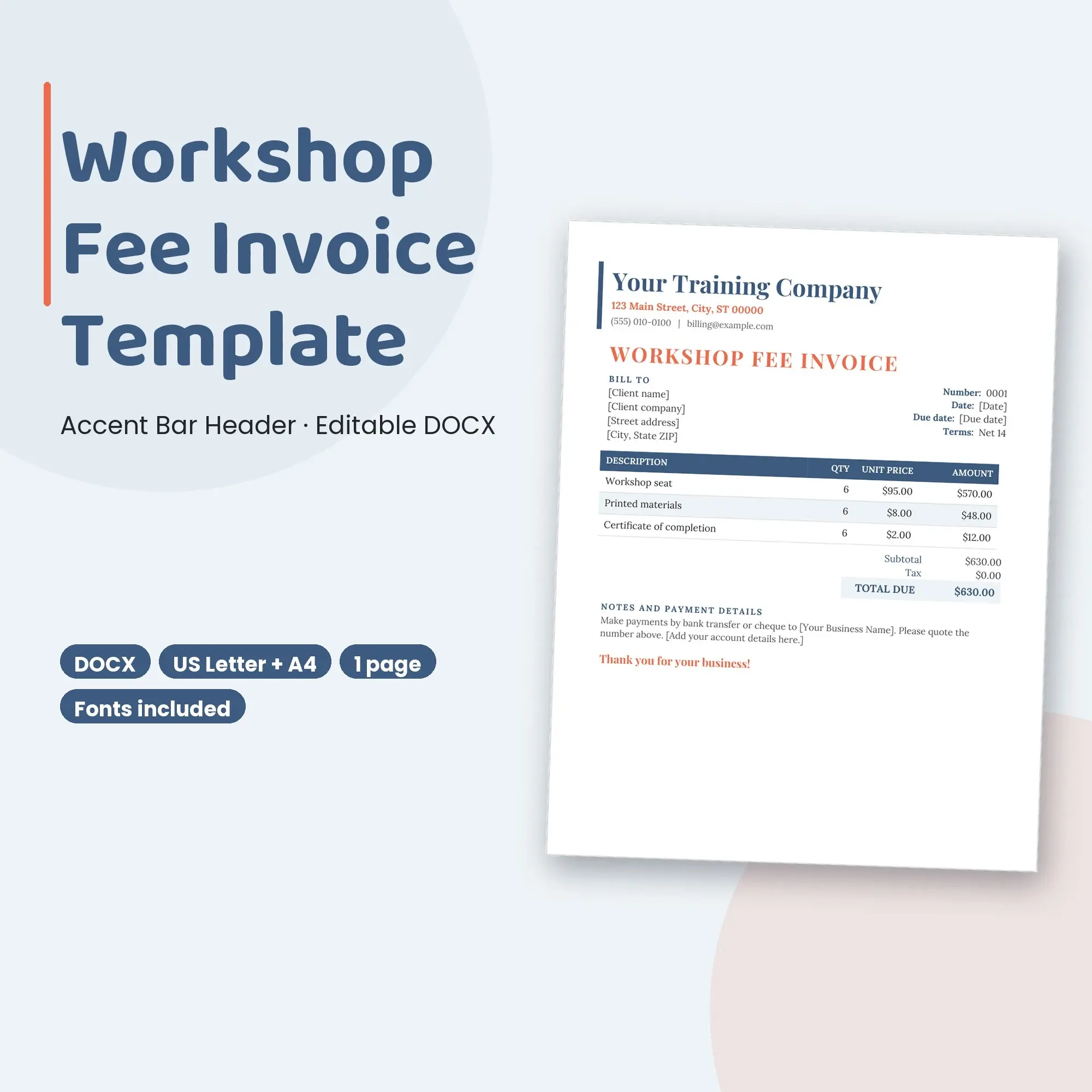Workshop Fee Invoice Template, Accent Bar Header (DOCX) preview