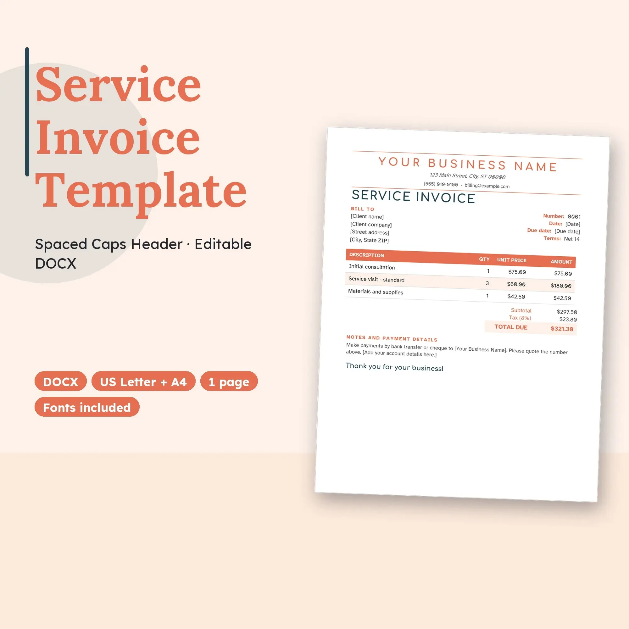 Service Invoice Template, Spaced Caps Header (DOCX) preview