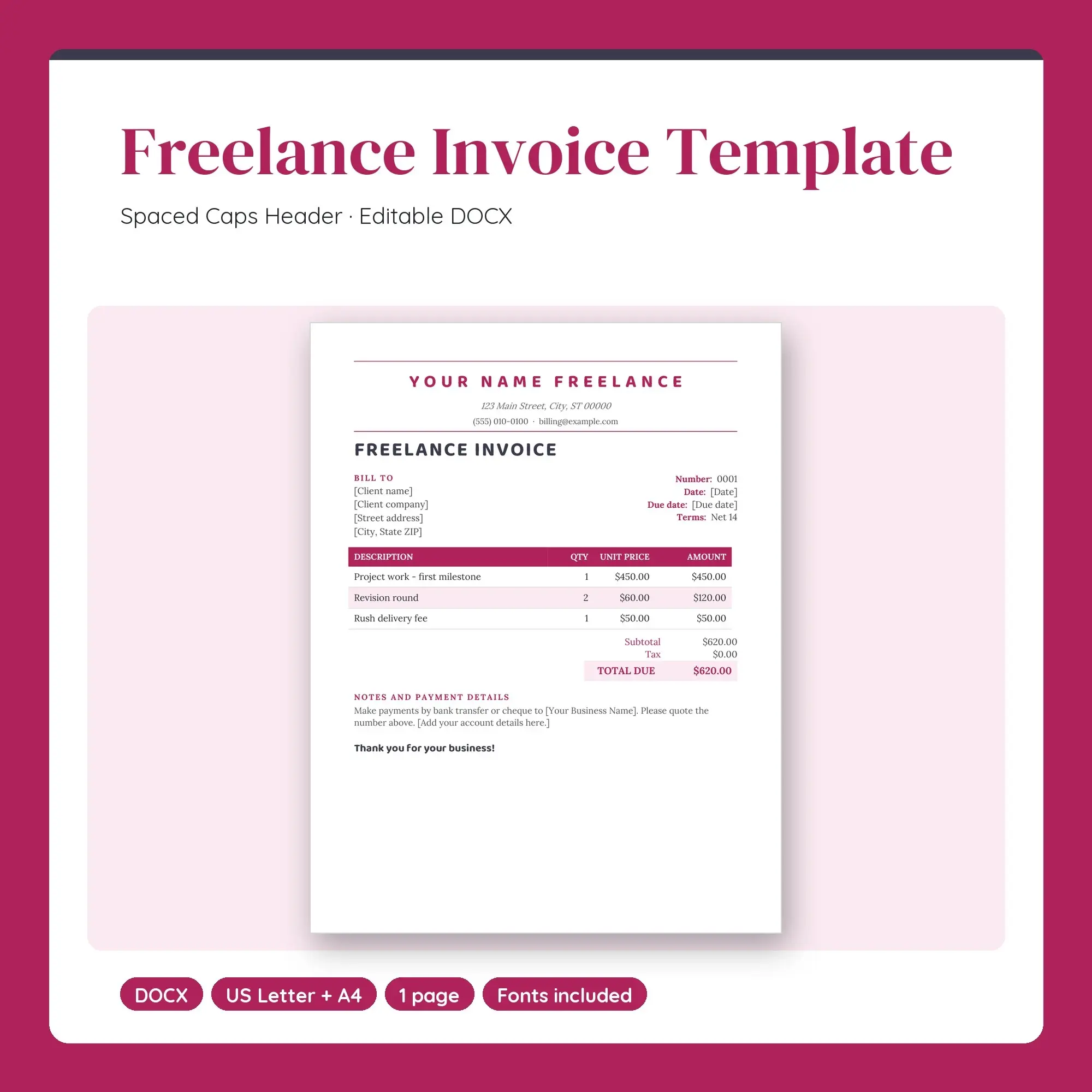 Freelance Invoice Template, Spaced Caps Header (DOCX) preview