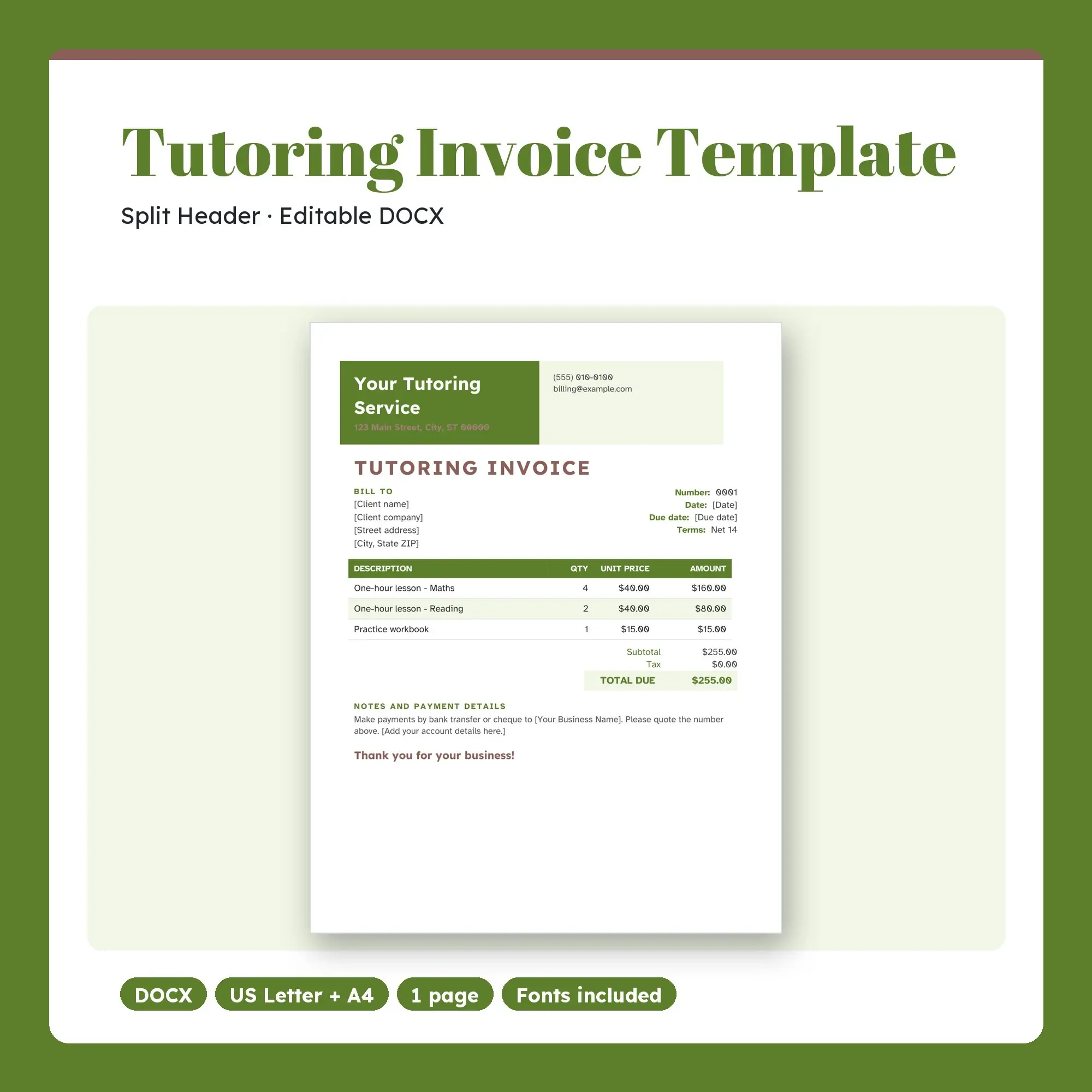 Tutoring Invoice Template, Split Header (DOCX) preview