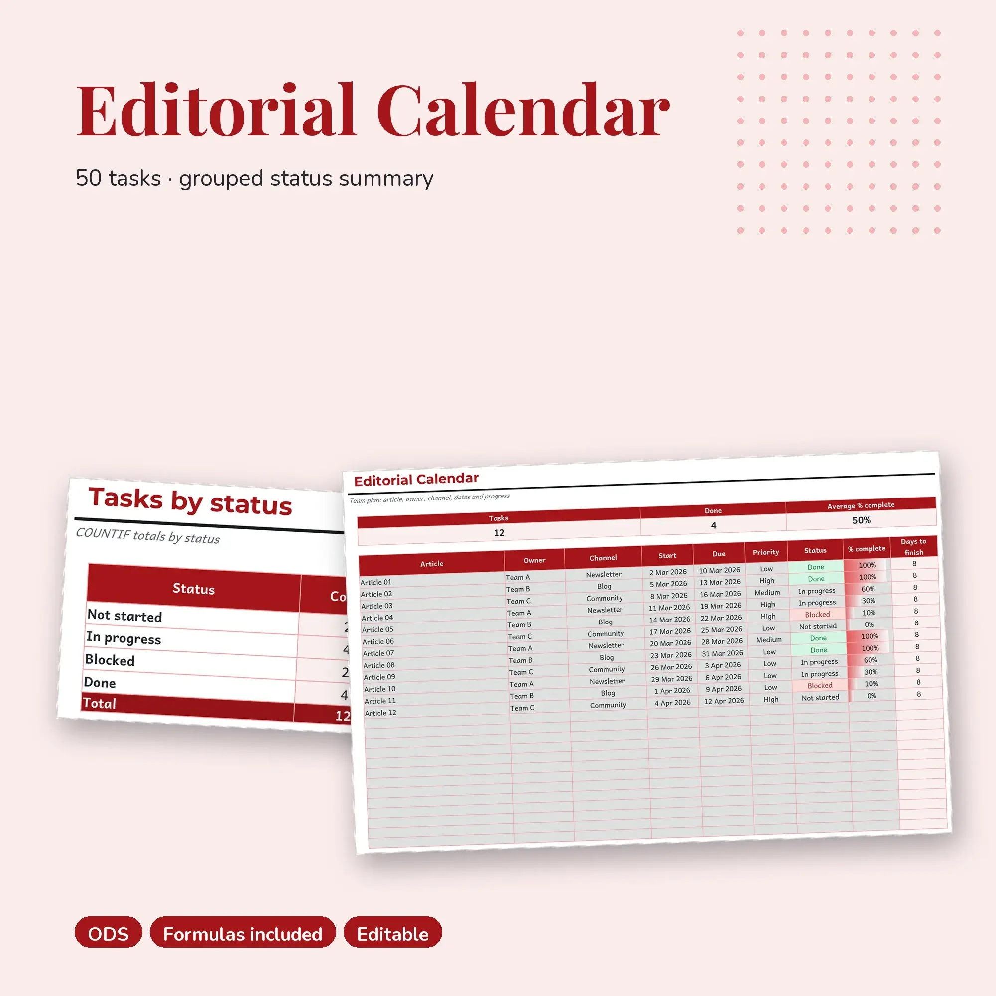 Editorial Calendar Spreadsheet, Team 50-Row Tracker (ODS) preview