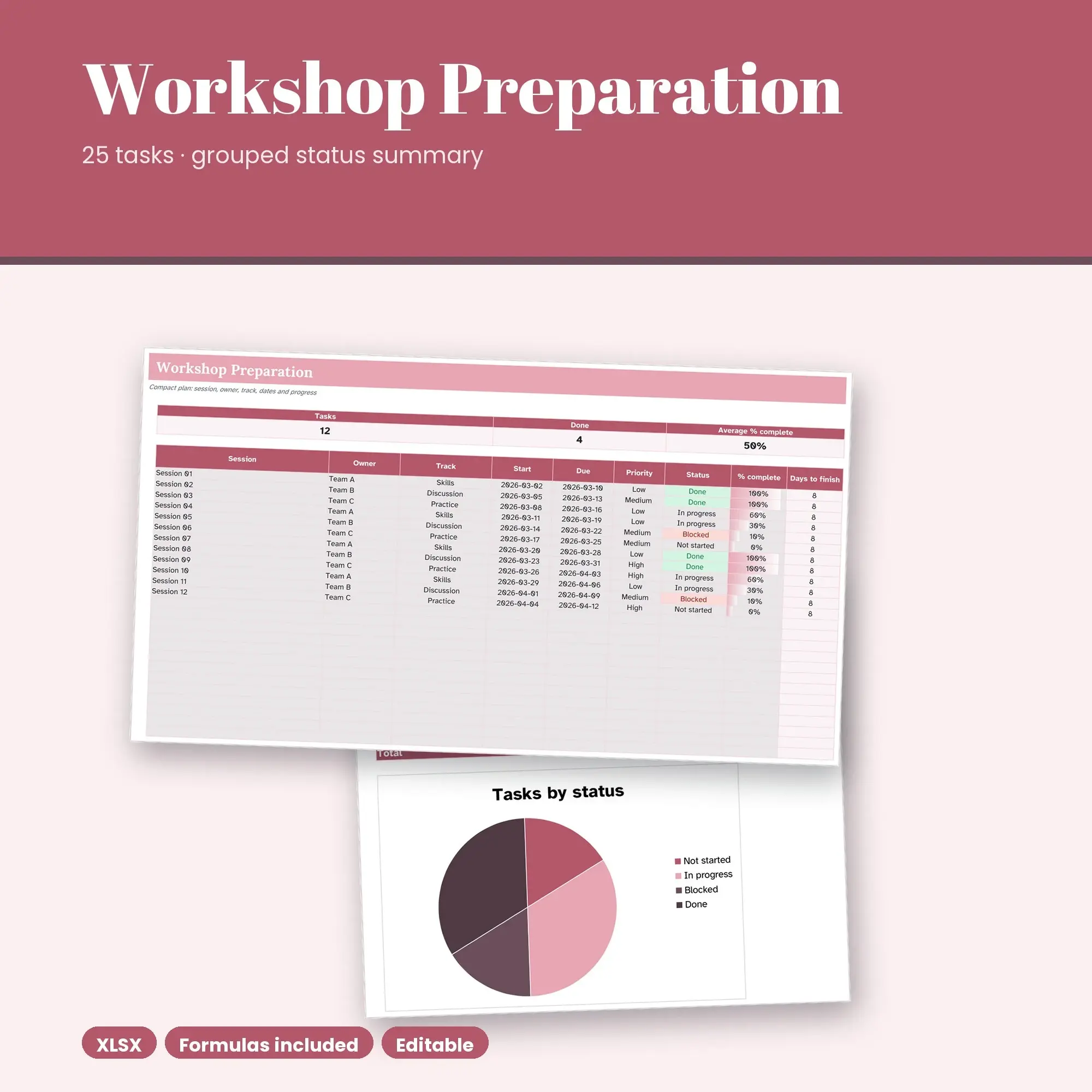 Workshop Preparation Spreadsheet, Compact 25-Row Tracker (XLSX) preview