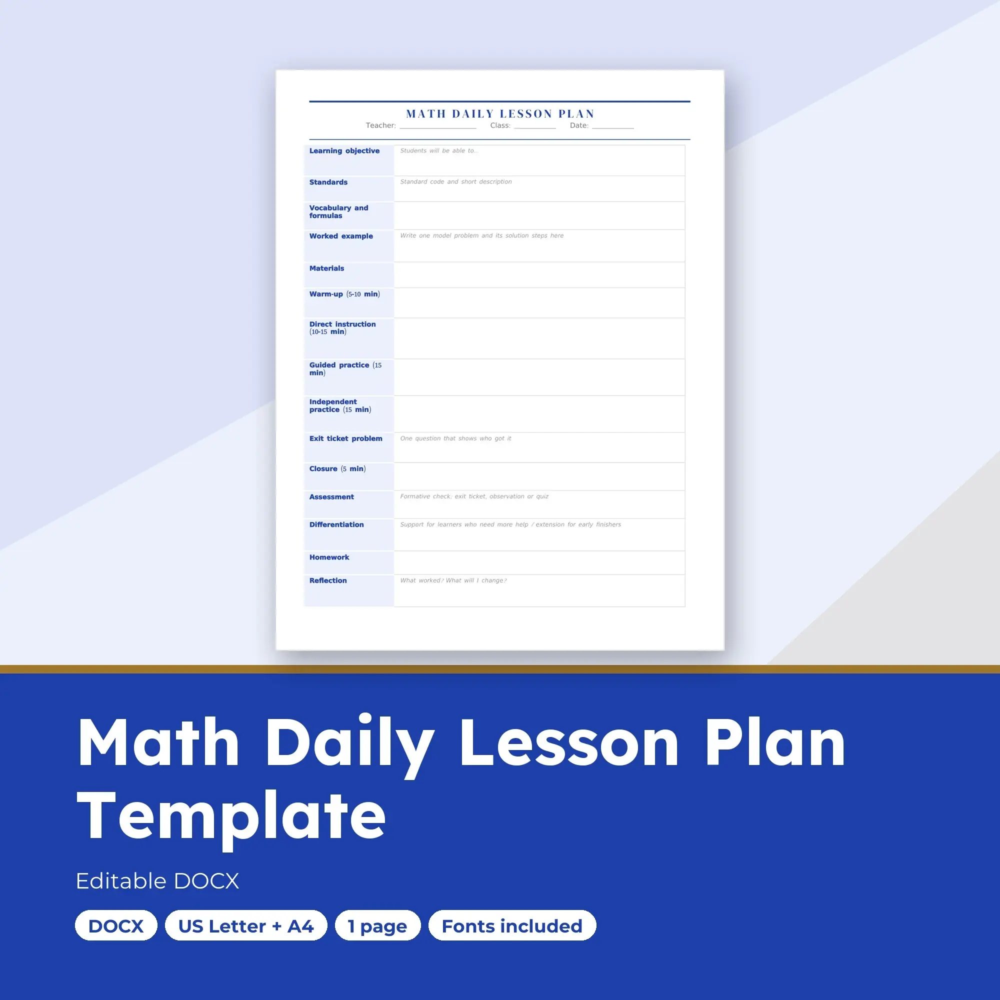Math Daily Lesson Plan Template (DOCX) preview
