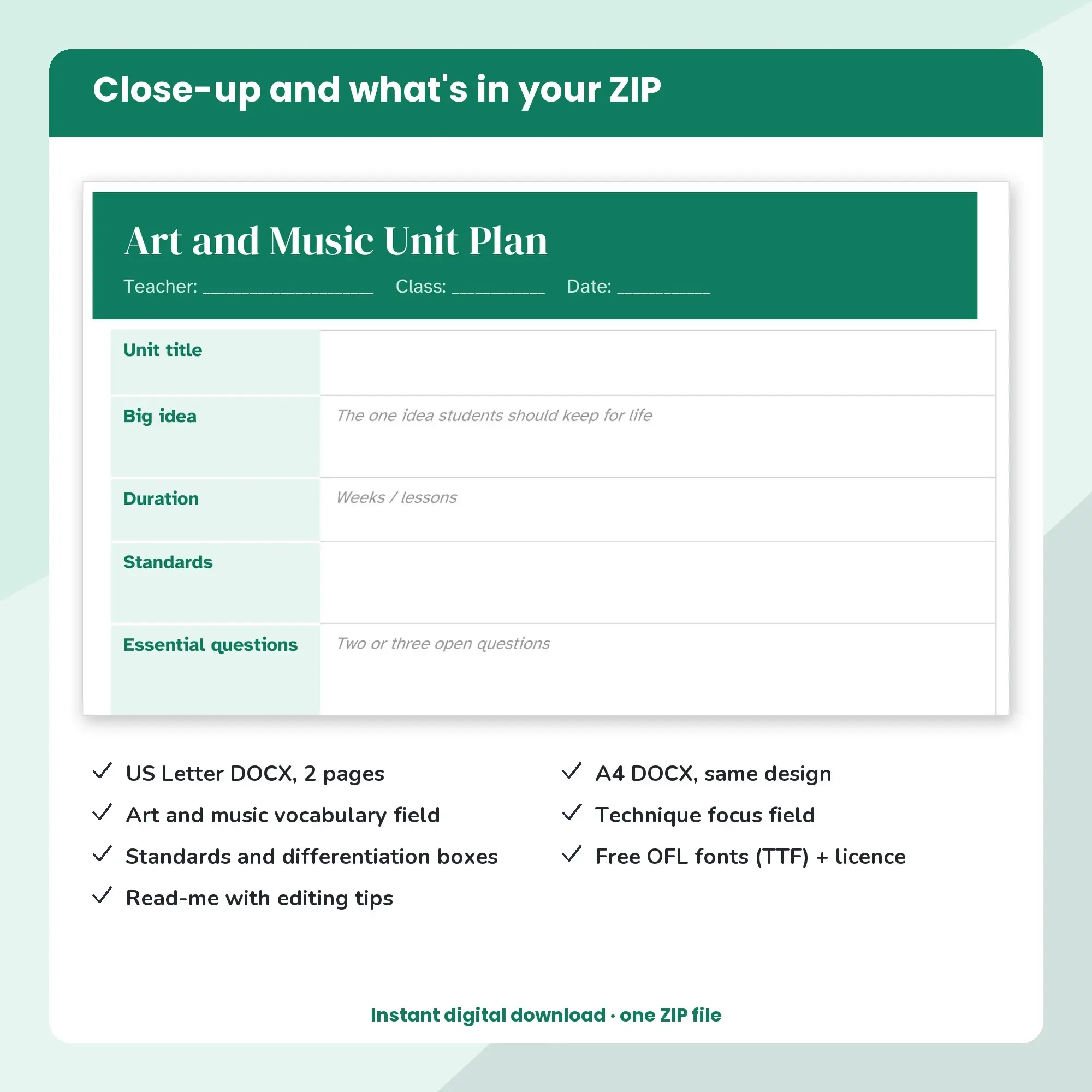 Art and Music Unit Plan Template (DOCX), preview 2 of 2