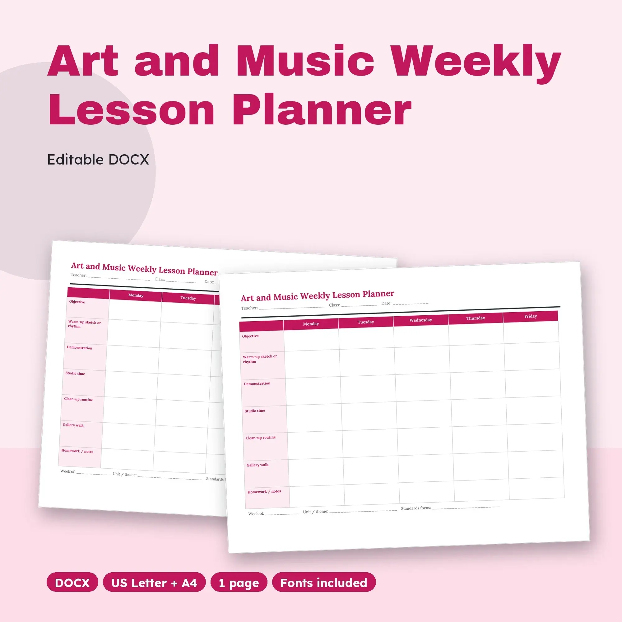 Art and Music Weekly Lesson Planner Template (DOCX) preview