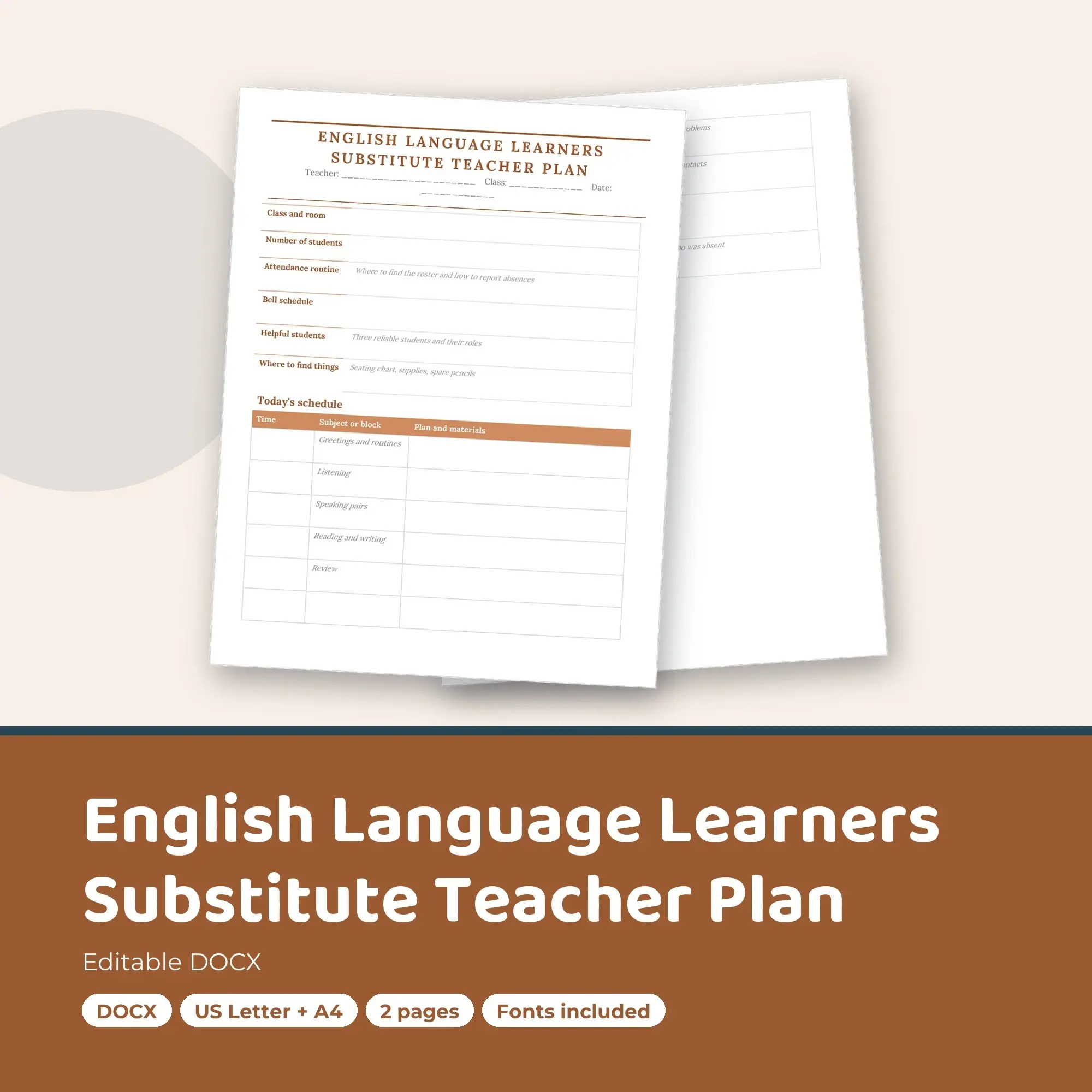 English Language Learners Substitute Teacher Plan Template (DOCX) preview