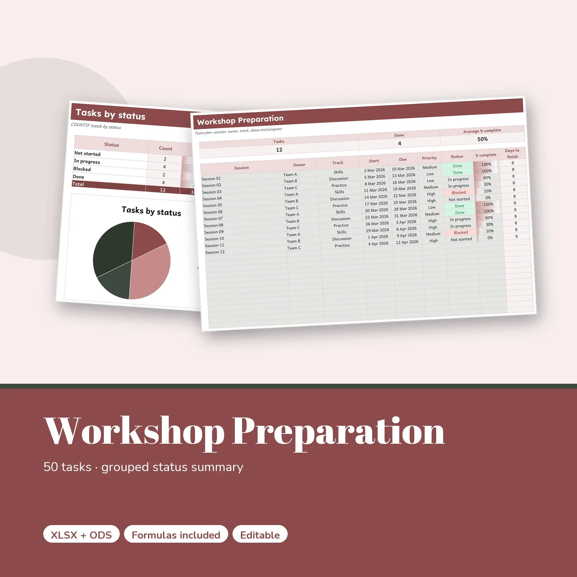Workshop Preparation Spreadsheet, Team 50-Row Tracker (XLSX + ODS) preview