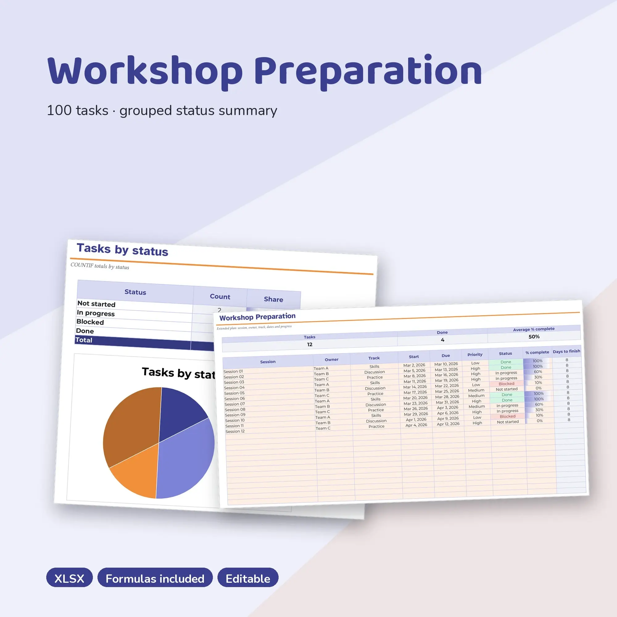 Workshop Preparation Spreadsheet, Extended 100-Row Tracker (XLSX) preview