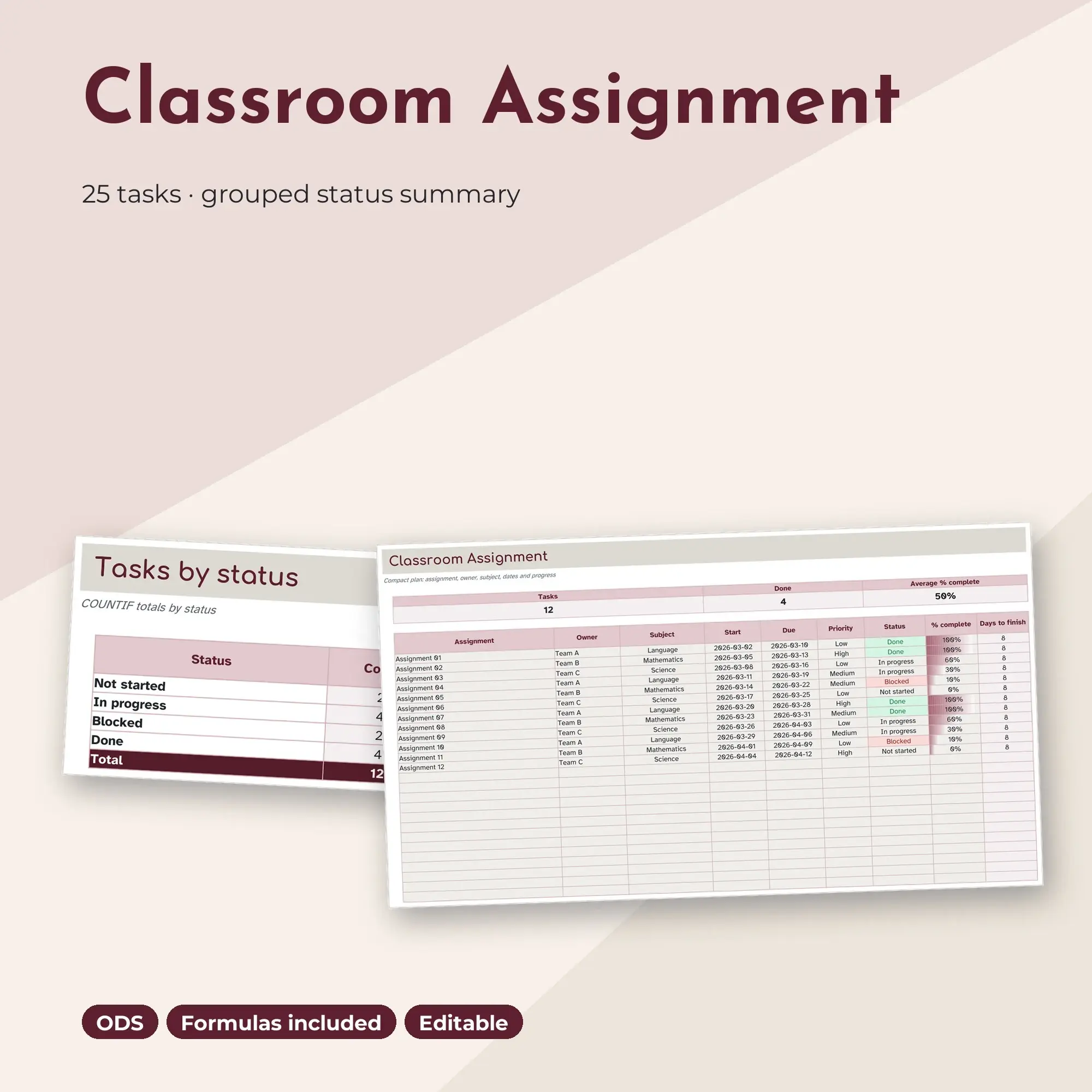 Classroom Assignment Spreadsheet, Compact 25-Row Tracker (ODS) preview