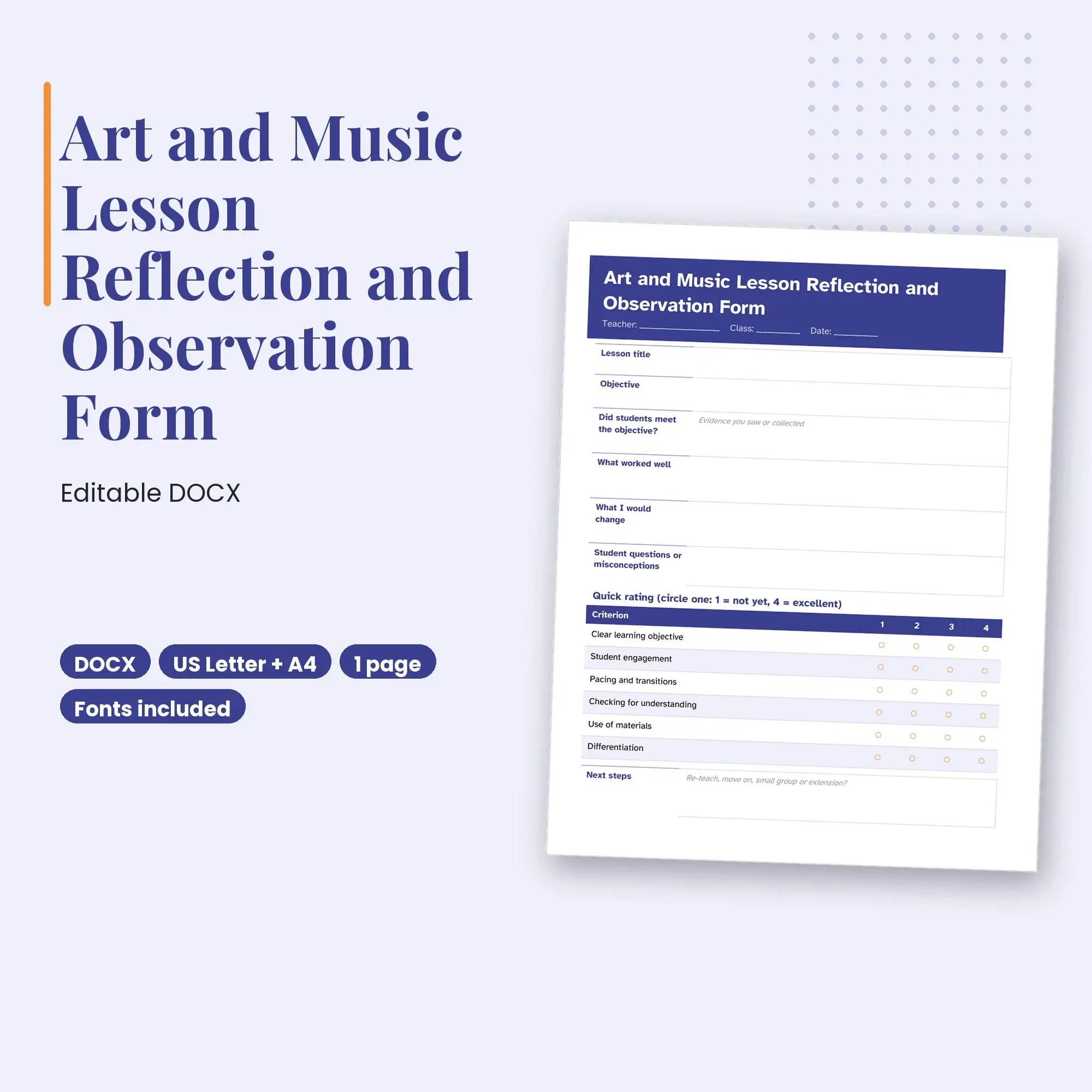 Art and Music Lesson Reflection and Observation Form Template (DOCX) preview