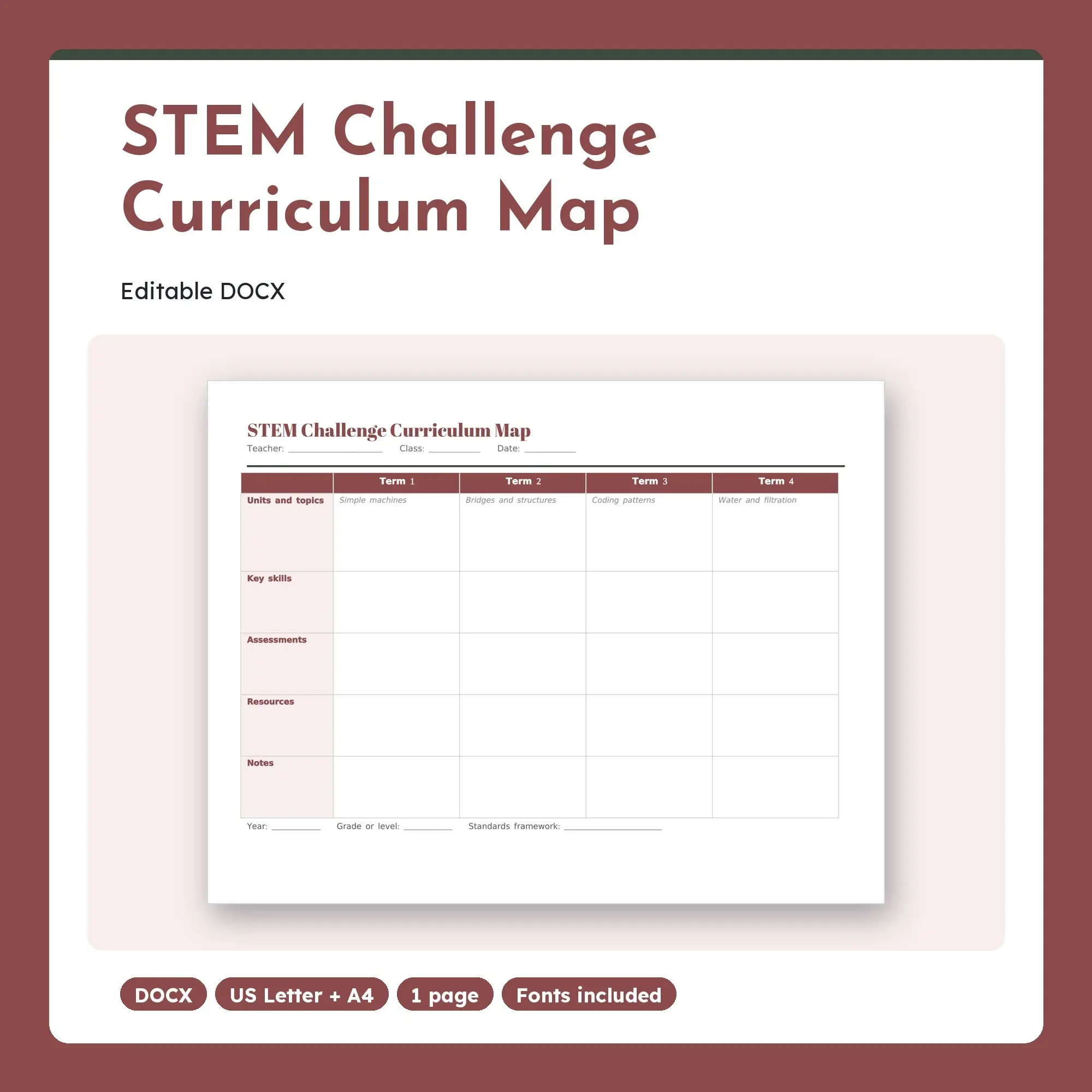 STEM Challenge Curriculum Map Template (DOCX) preview