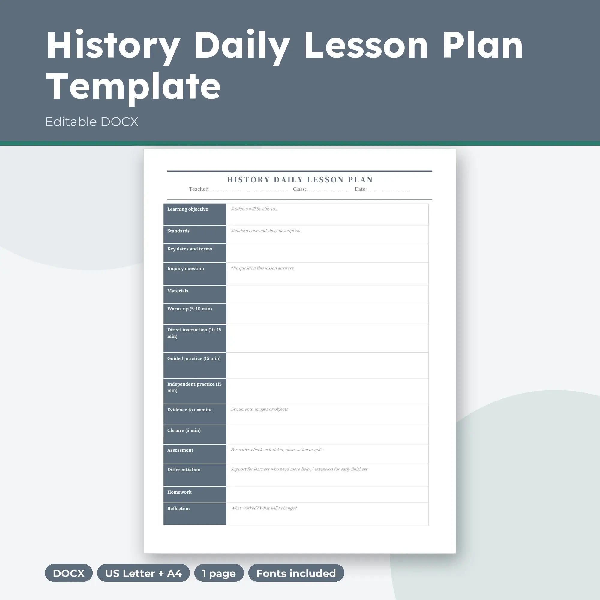 History Daily Lesson Plan Template (DOCX) preview