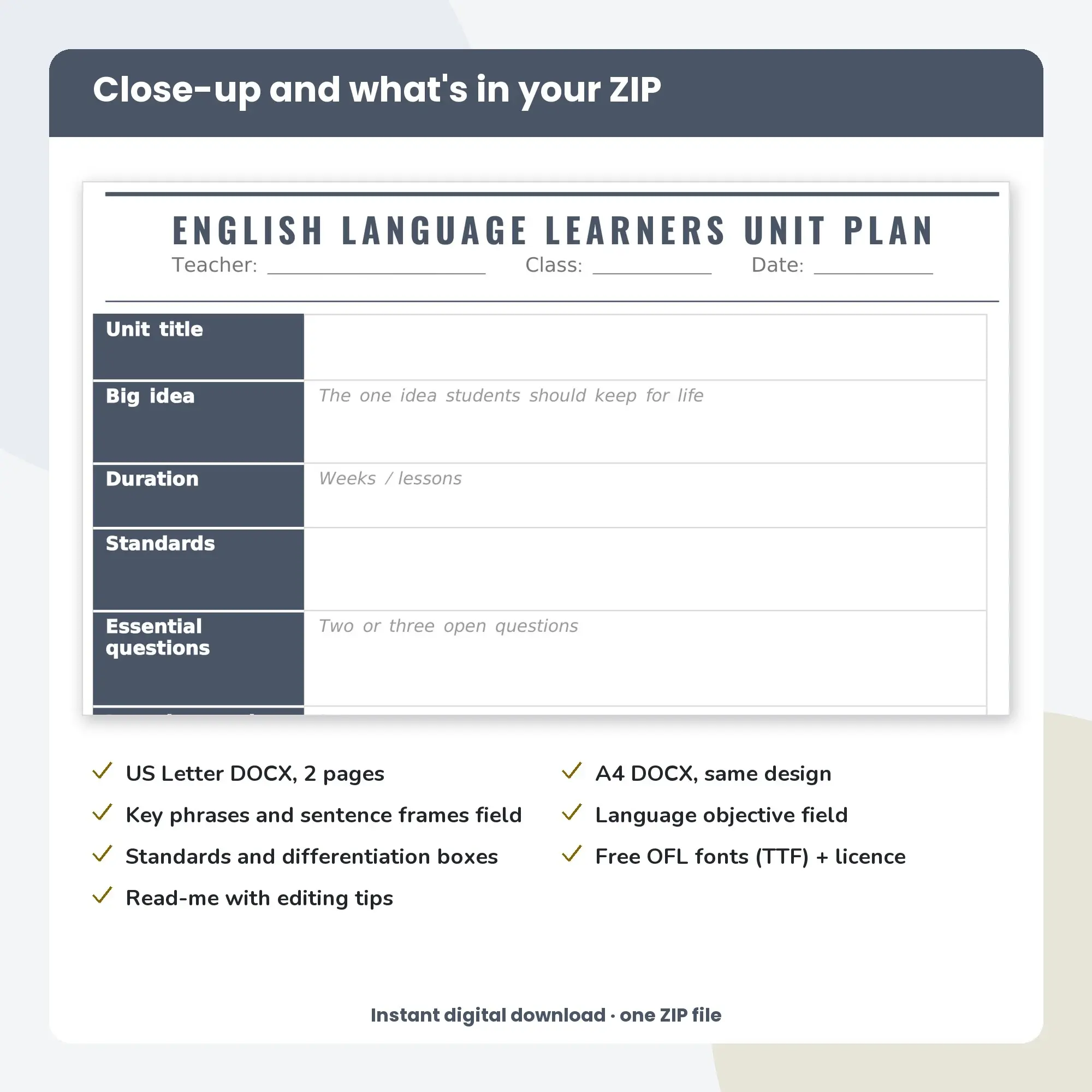 English Language Learners Unit Plan Template (DOCX), preview 2 of 2