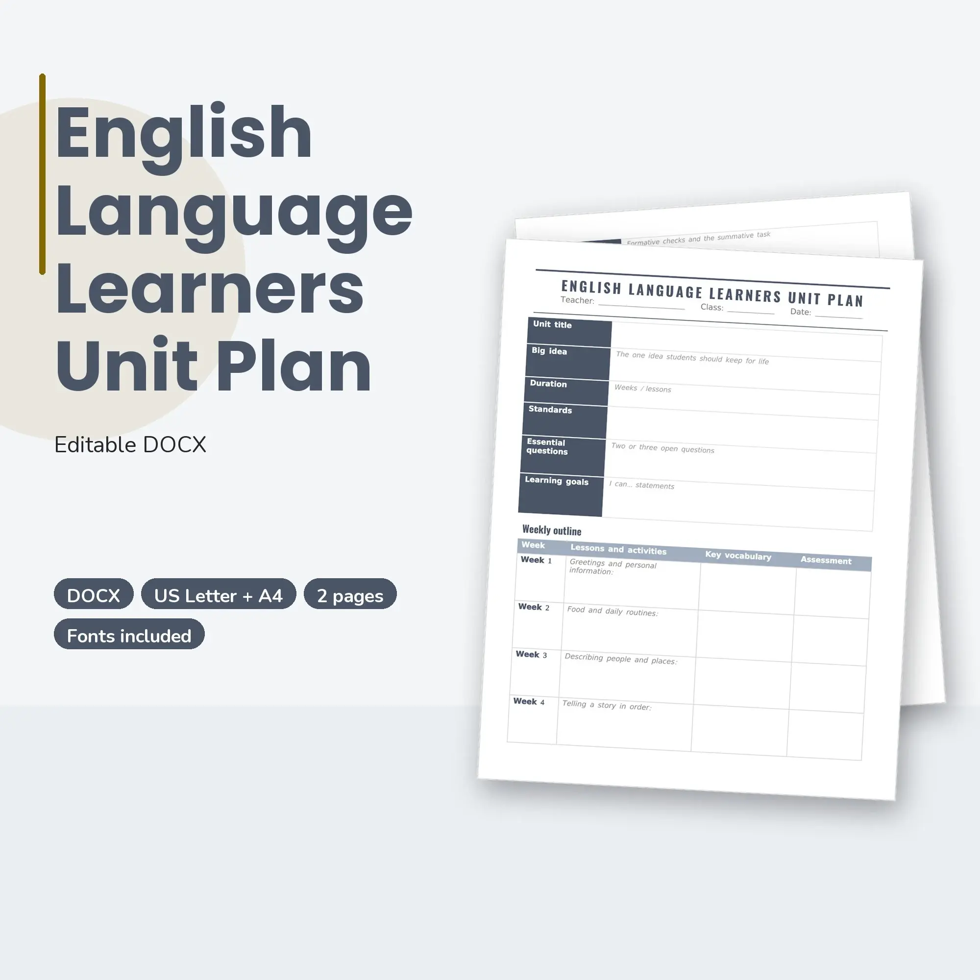 English Language Learners Unit Plan Template (DOCX) preview