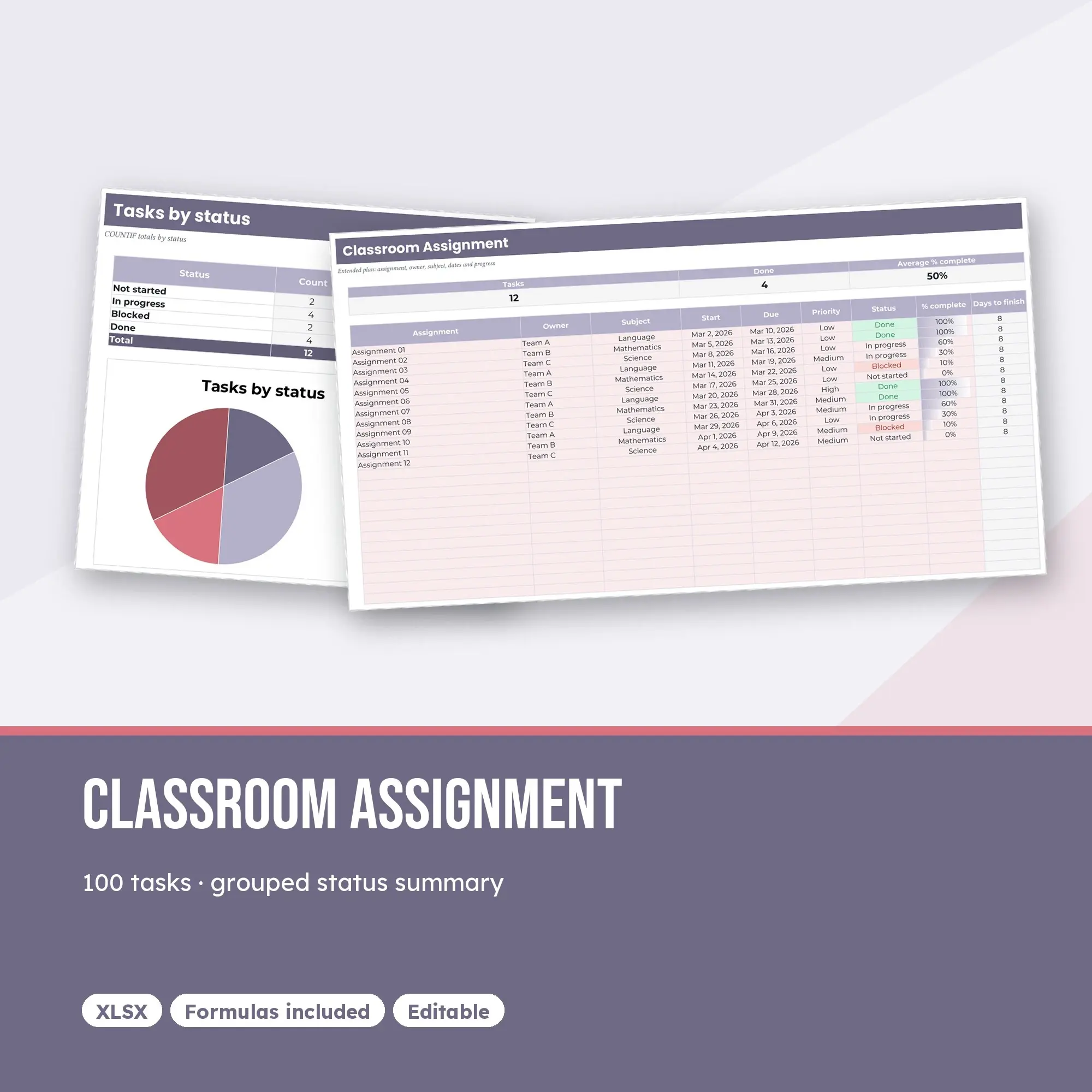 Classroom Assignment Spreadsheet, Extended 100-Row Tracker (XLSX) preview