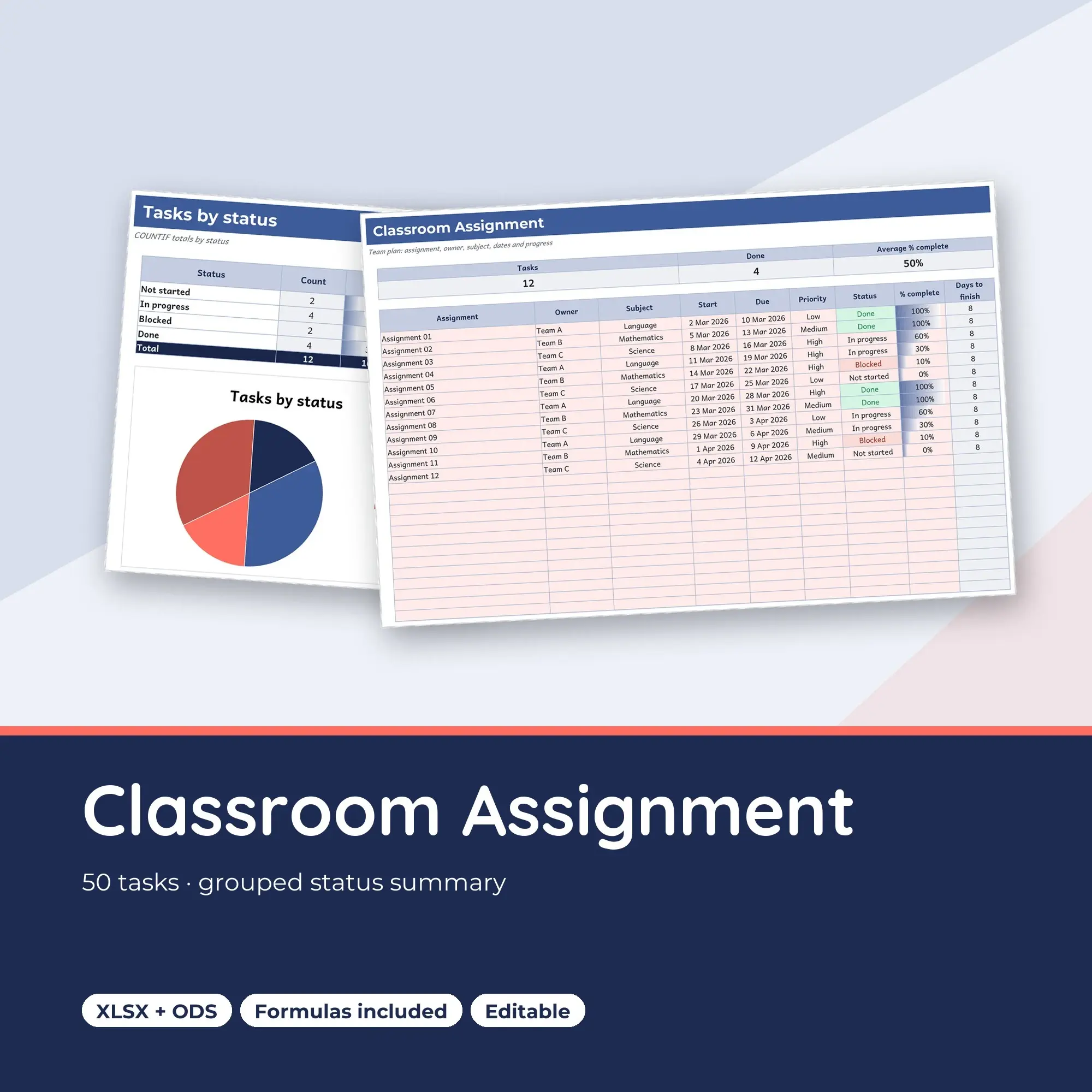 Classroom Assignment Spreadsheet, Team 50-Row Tracker (XLSX + ODS) preview