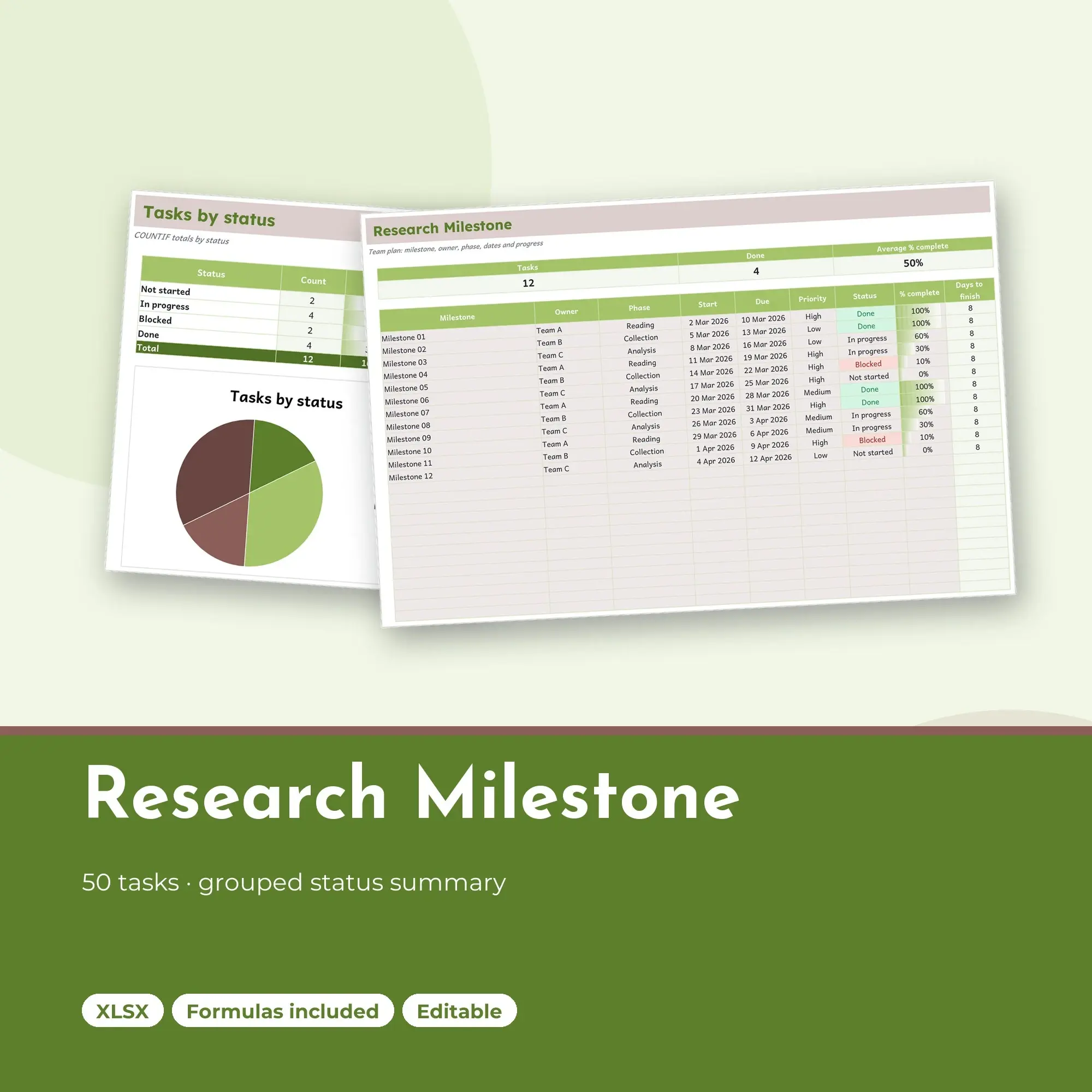 Research Milestone Spreadsheet, Team 50-Row Tracker (XLSX) preview