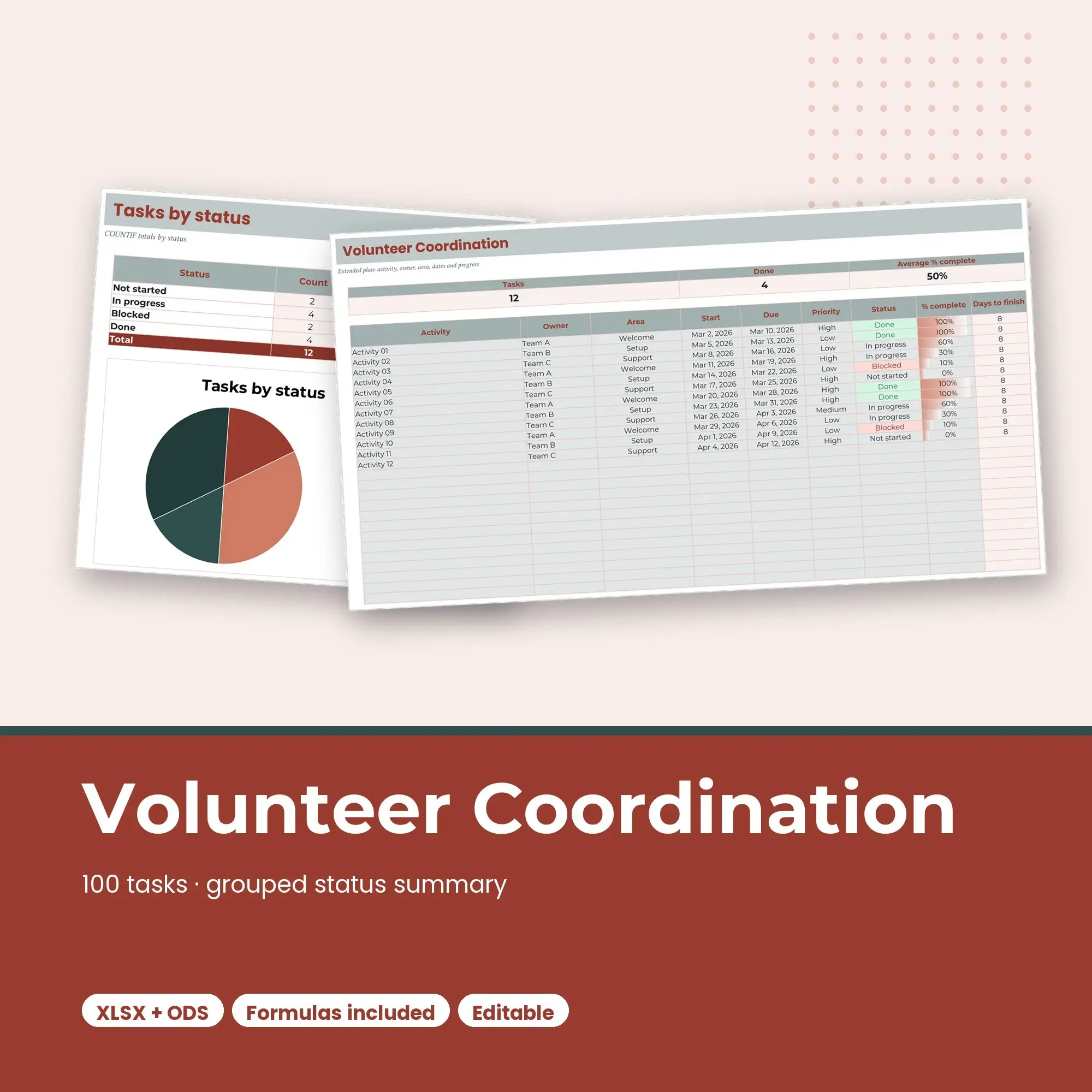 Volunteer Coordination Spreadsheet, Extended 100-Row Tracker (XLSX + ODS) preview