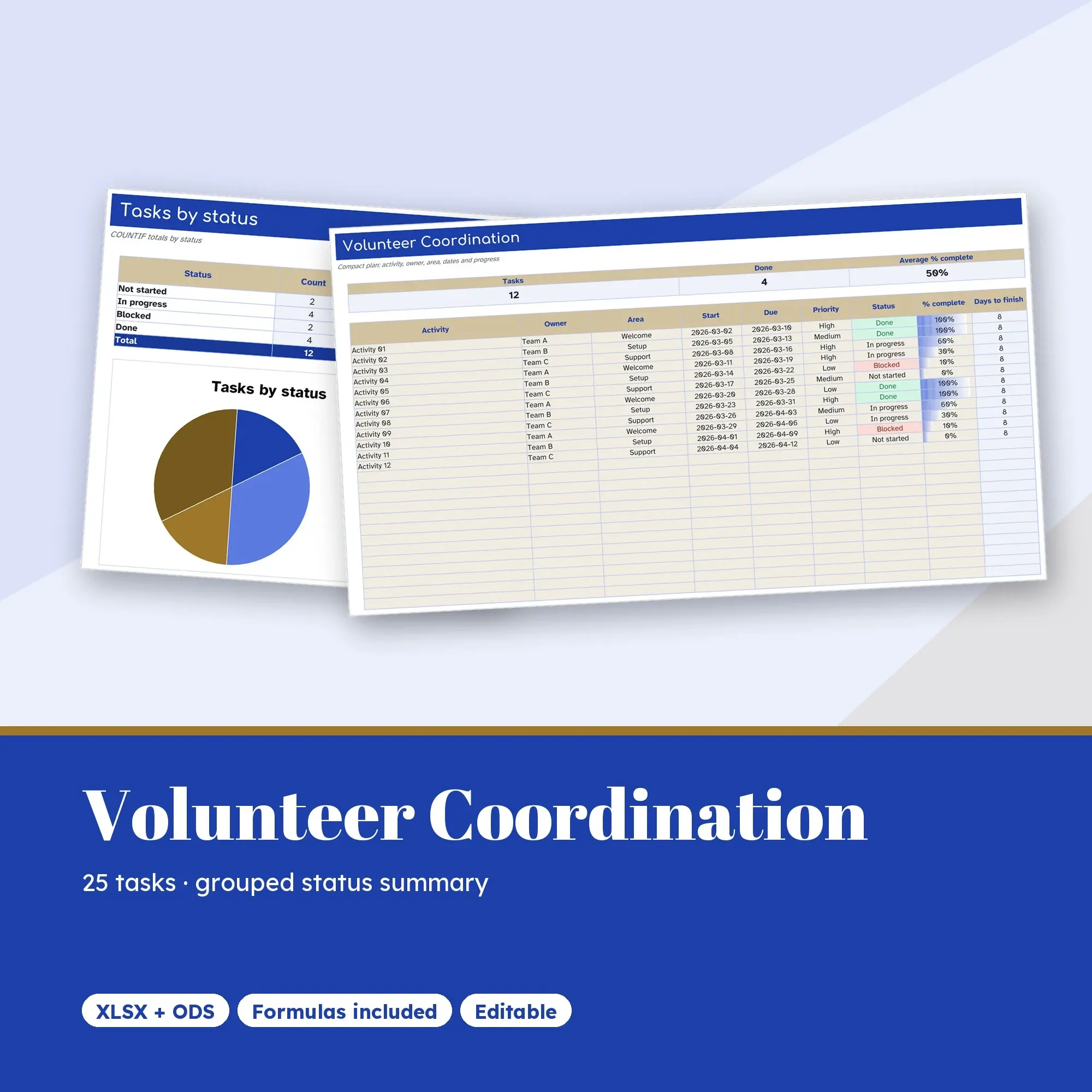 Volunteer Coordination Spreadsheet, Compact 25-Row Tracker (XLSX + ODS) preview