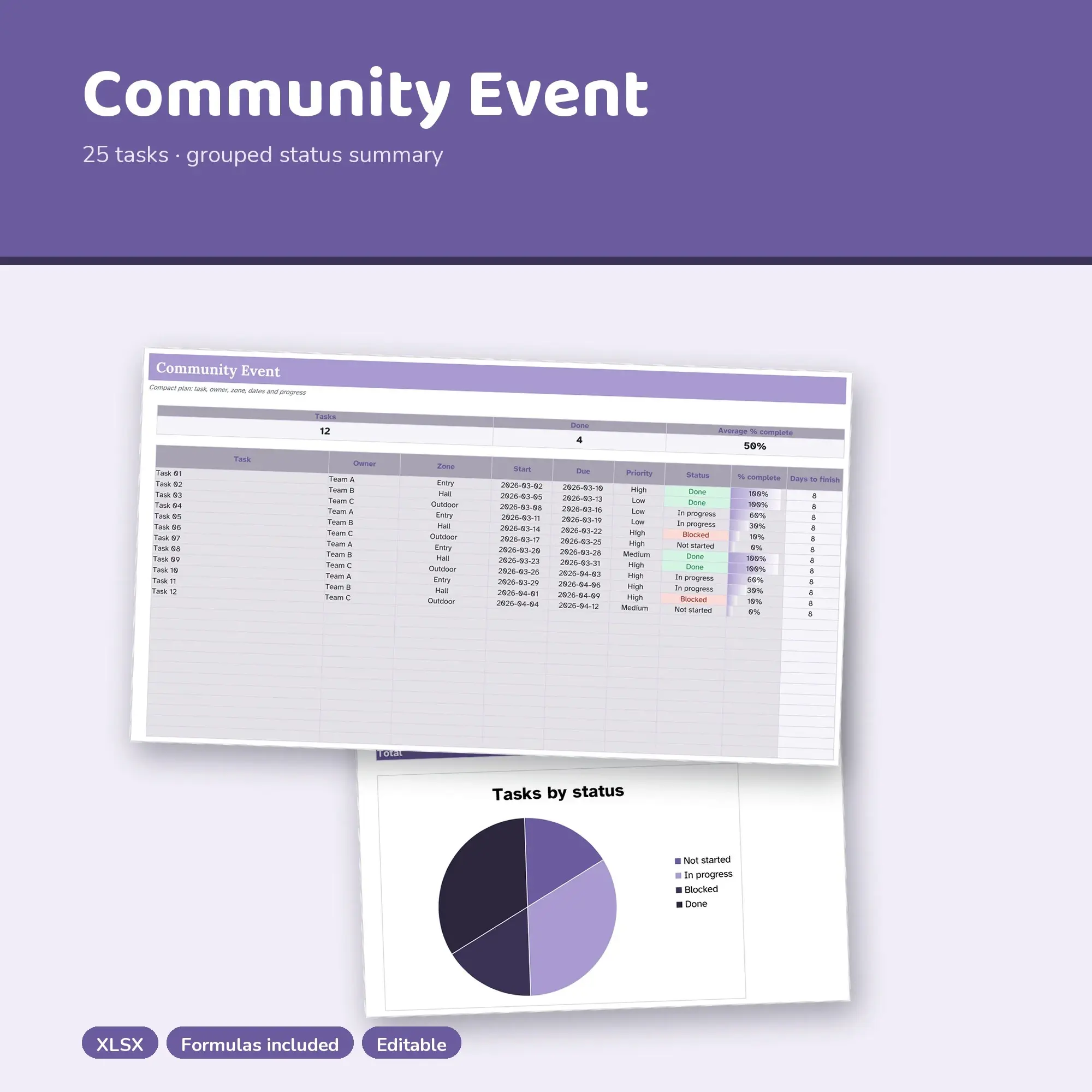 Community Event Spreadsheet, Compact 25-Row Tracker (XLSX) preview