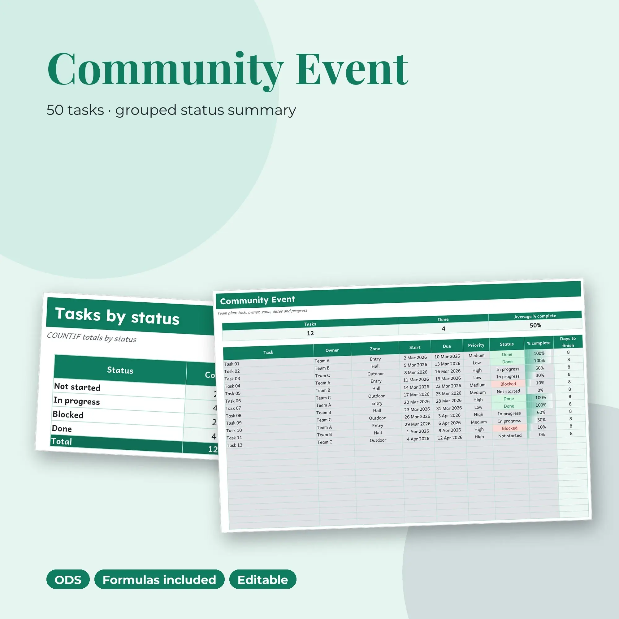 Community Event Spreadsheet, Team 50-Row Tracker (ODS) preview