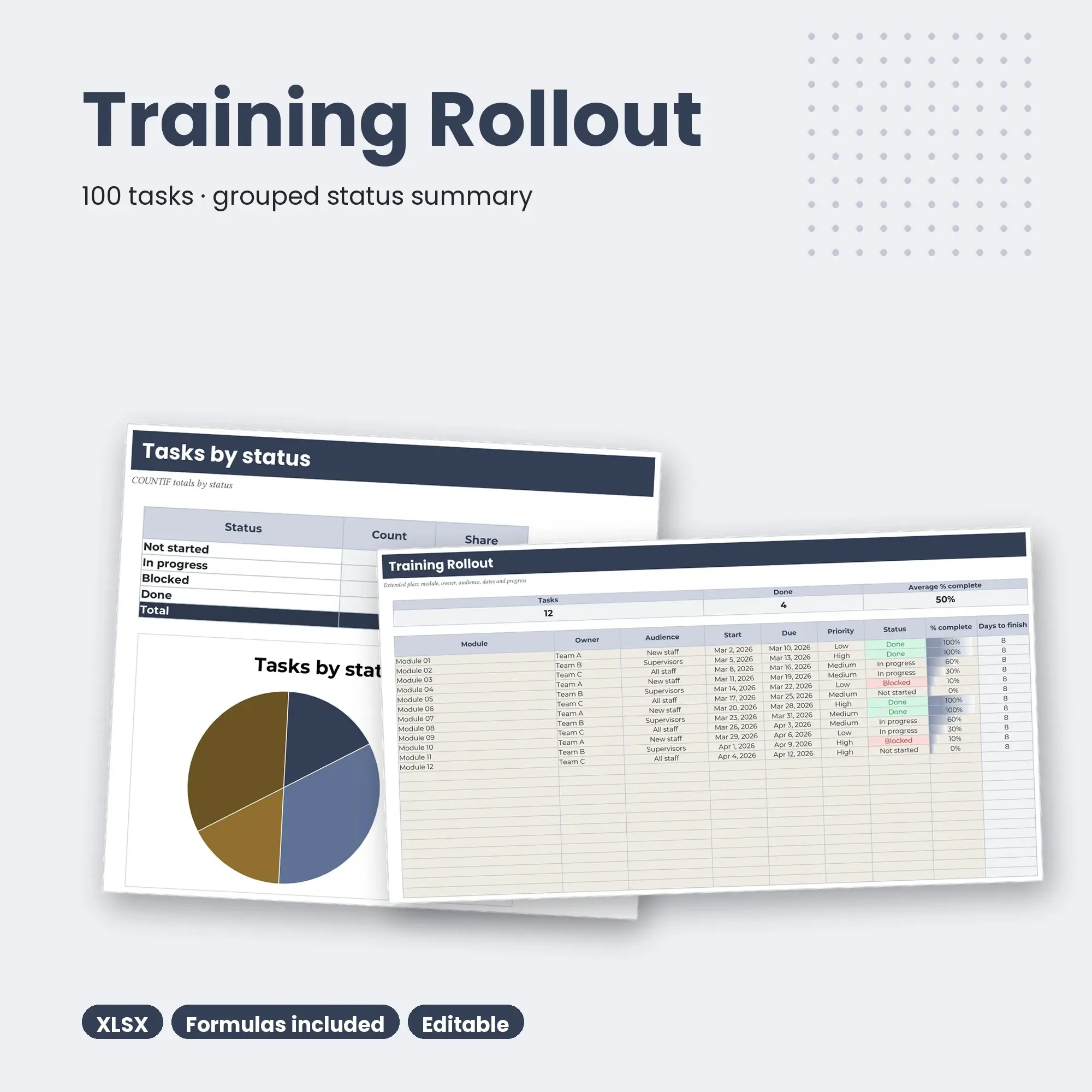 Training Rollout Spreadsheet, Extended 100-Row Tracker (XLSX), preview 1 of 2