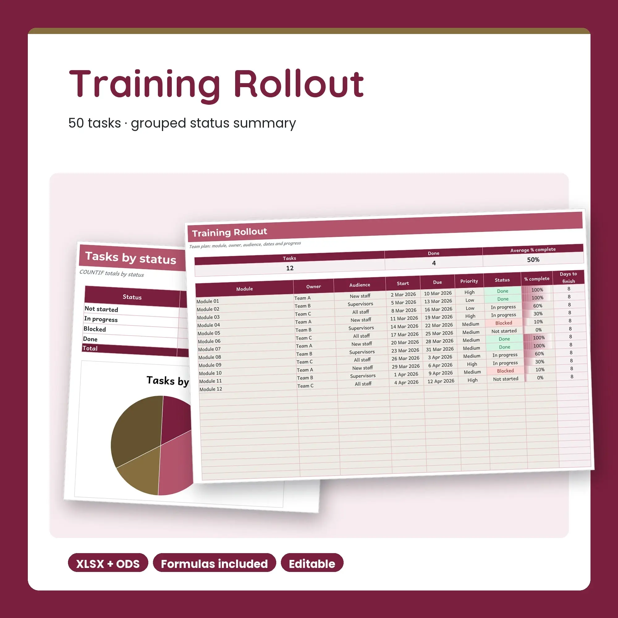 Training Rollout Spreadsheet, Team 50-Row Tracker (XLSX + ODS) preview