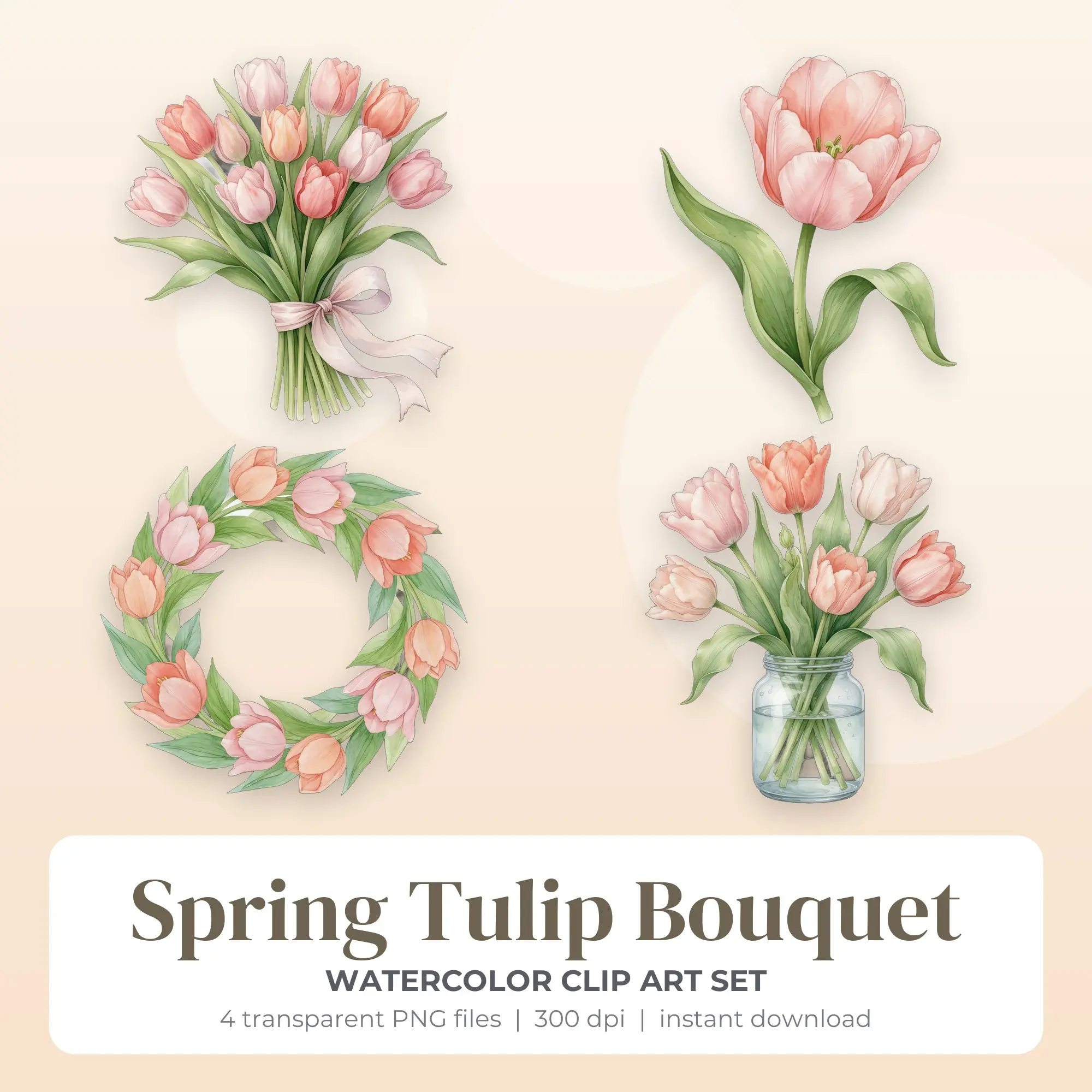 Spring Tulip Bouquet Clipart Set, Watercolor Style - 4 PNG preview