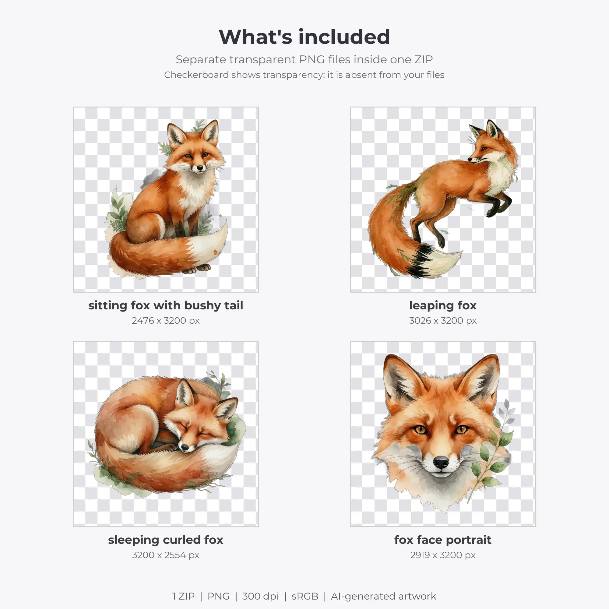 4 Watercolor Red Fox Clip Art PNG Files, preview 2 of 2