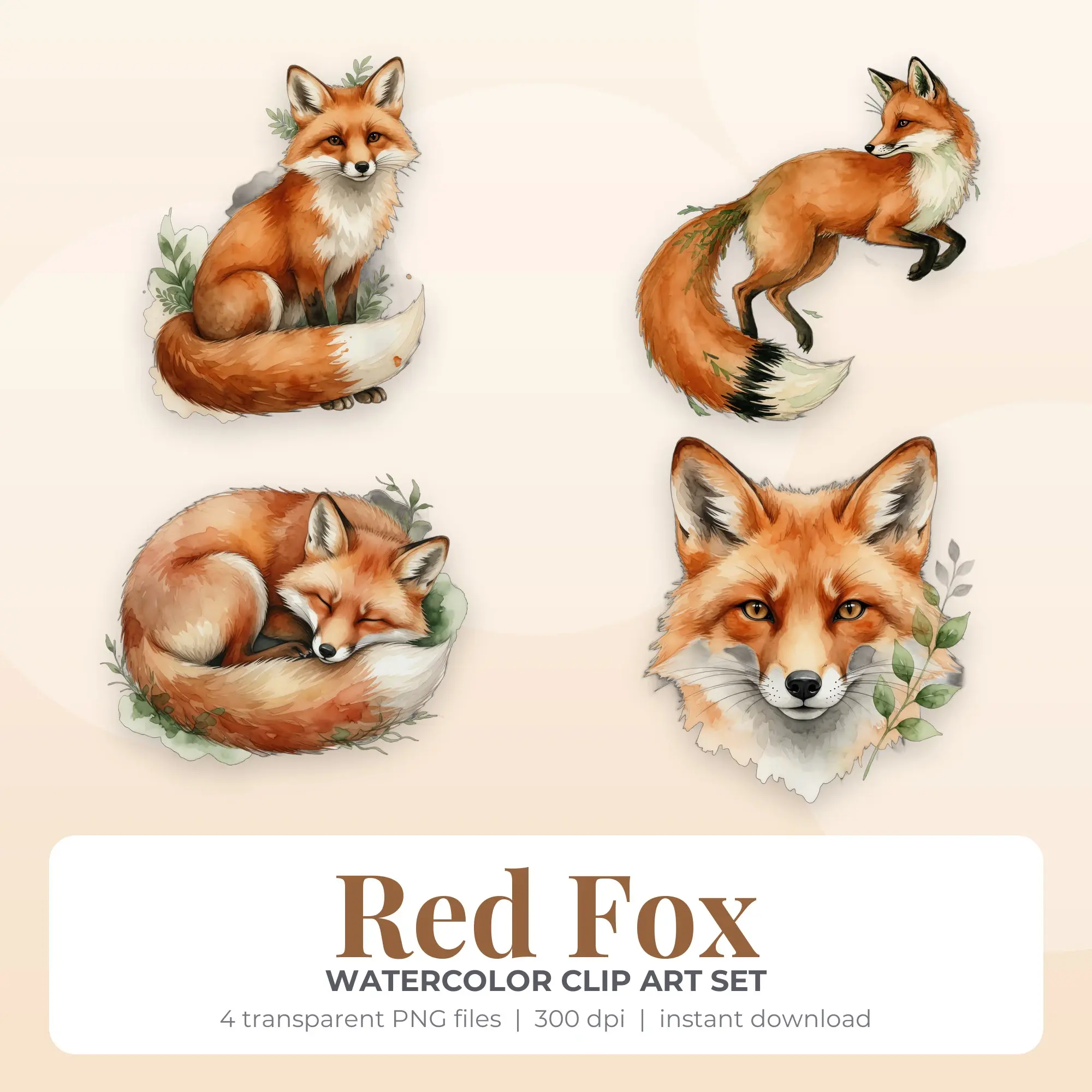 4 Watercolor Red Fox Clip Art PNG Files, preview 1 of 2