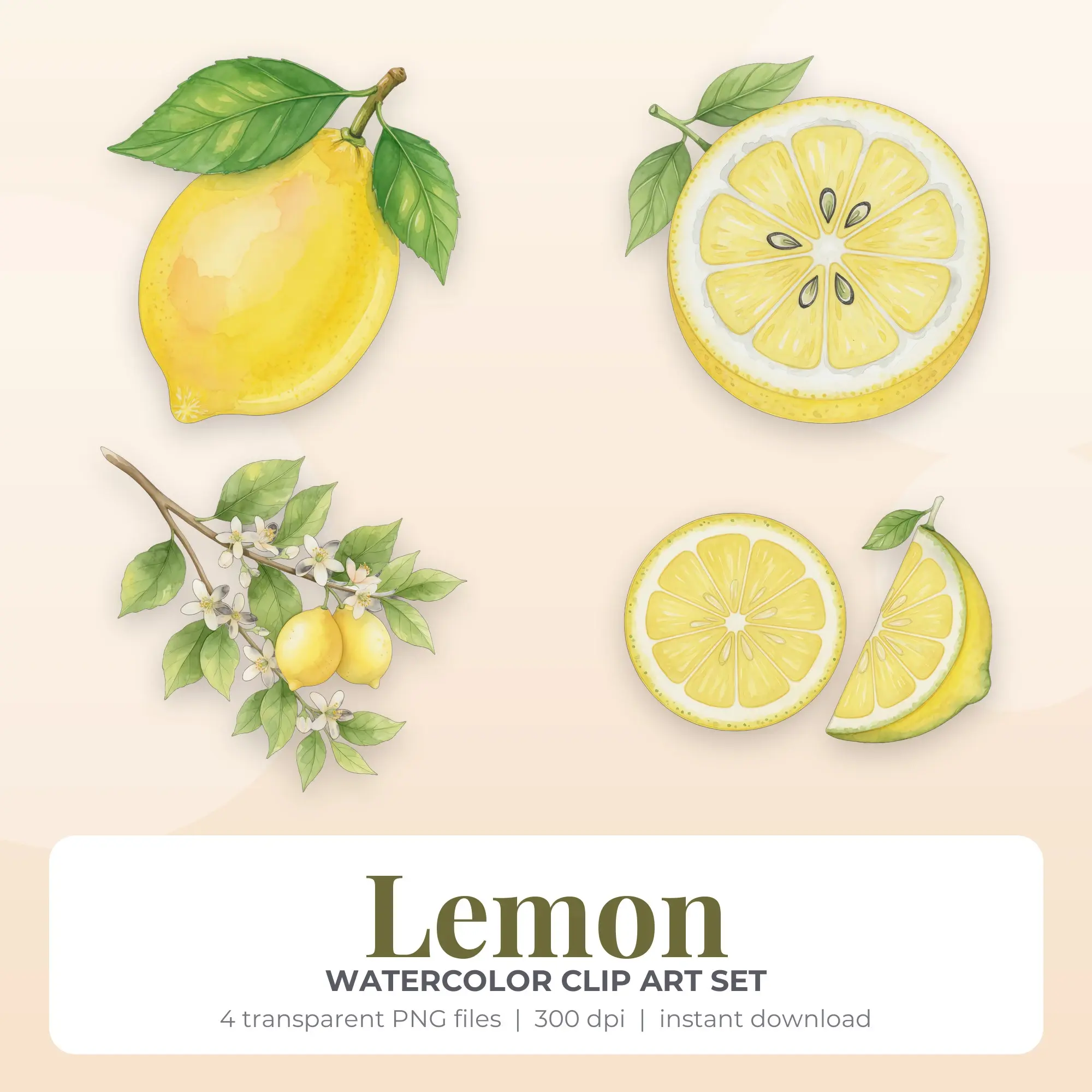 Lemon Clipart Set, Watercolor Style - 4 PNG, preview 1 of 2