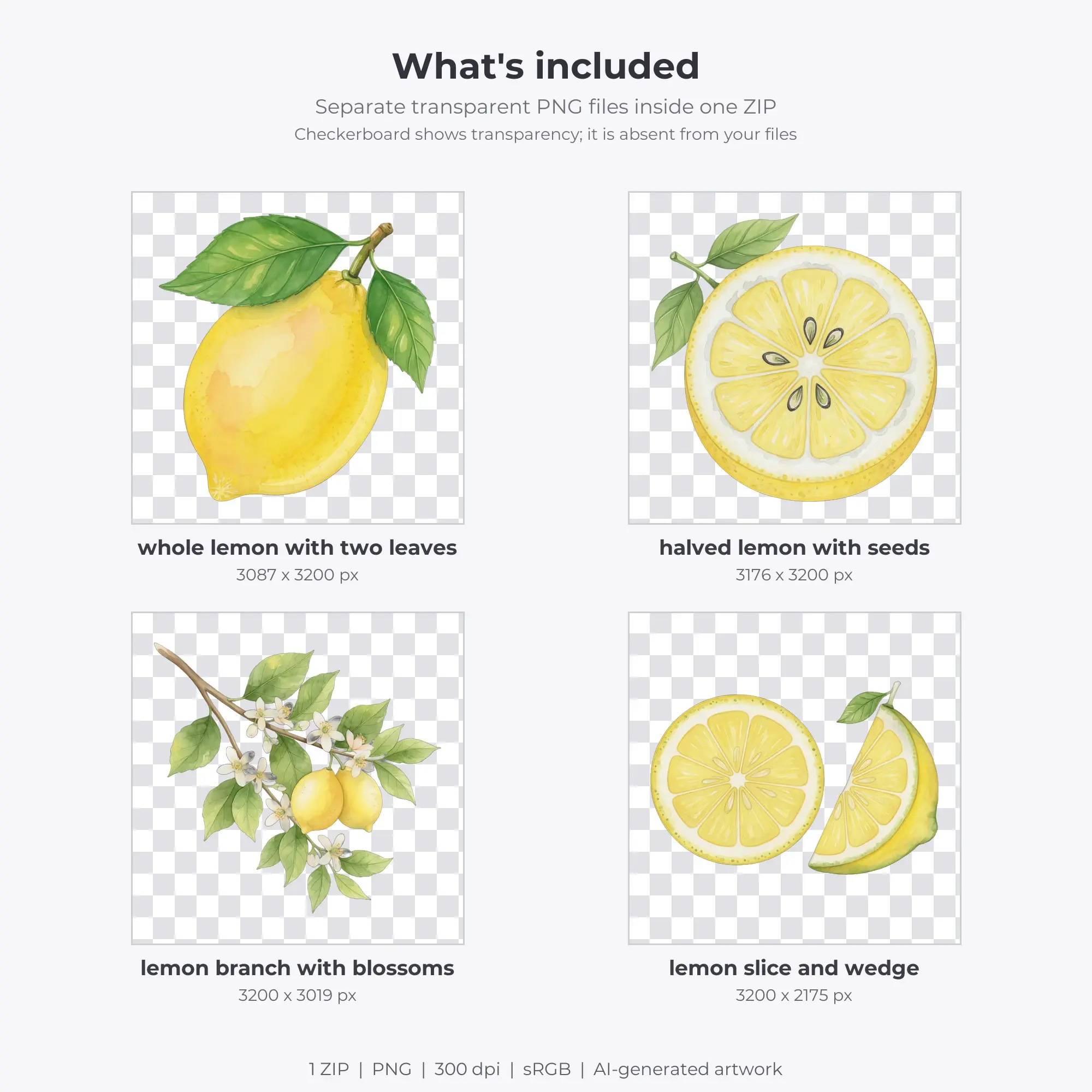 Lemon Clipart Set, Watercolor Style - 4 PNG, preview 2 of 2
