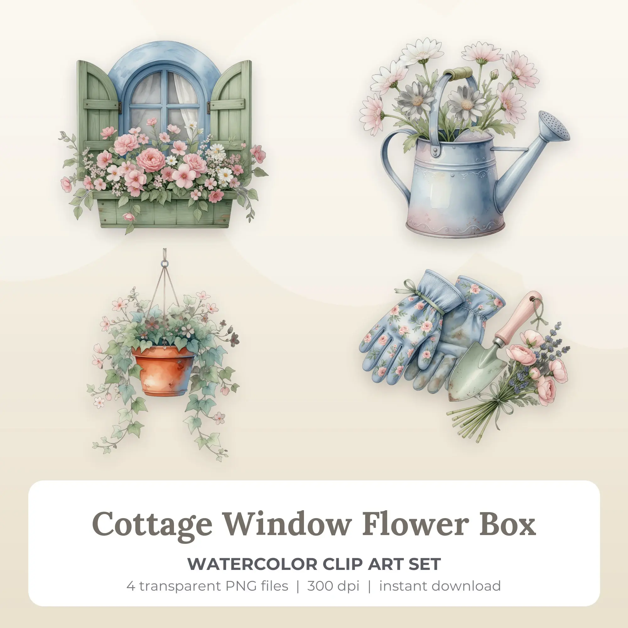 4 Watercolor Cottage Window Flower Box Clip Art PNG Files preview