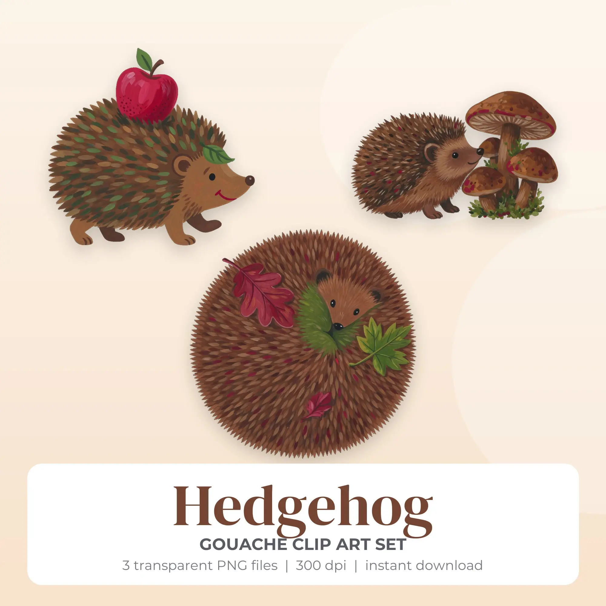 Hedgehog Clip Art (Gouache) - 3 Transparent PNG preview