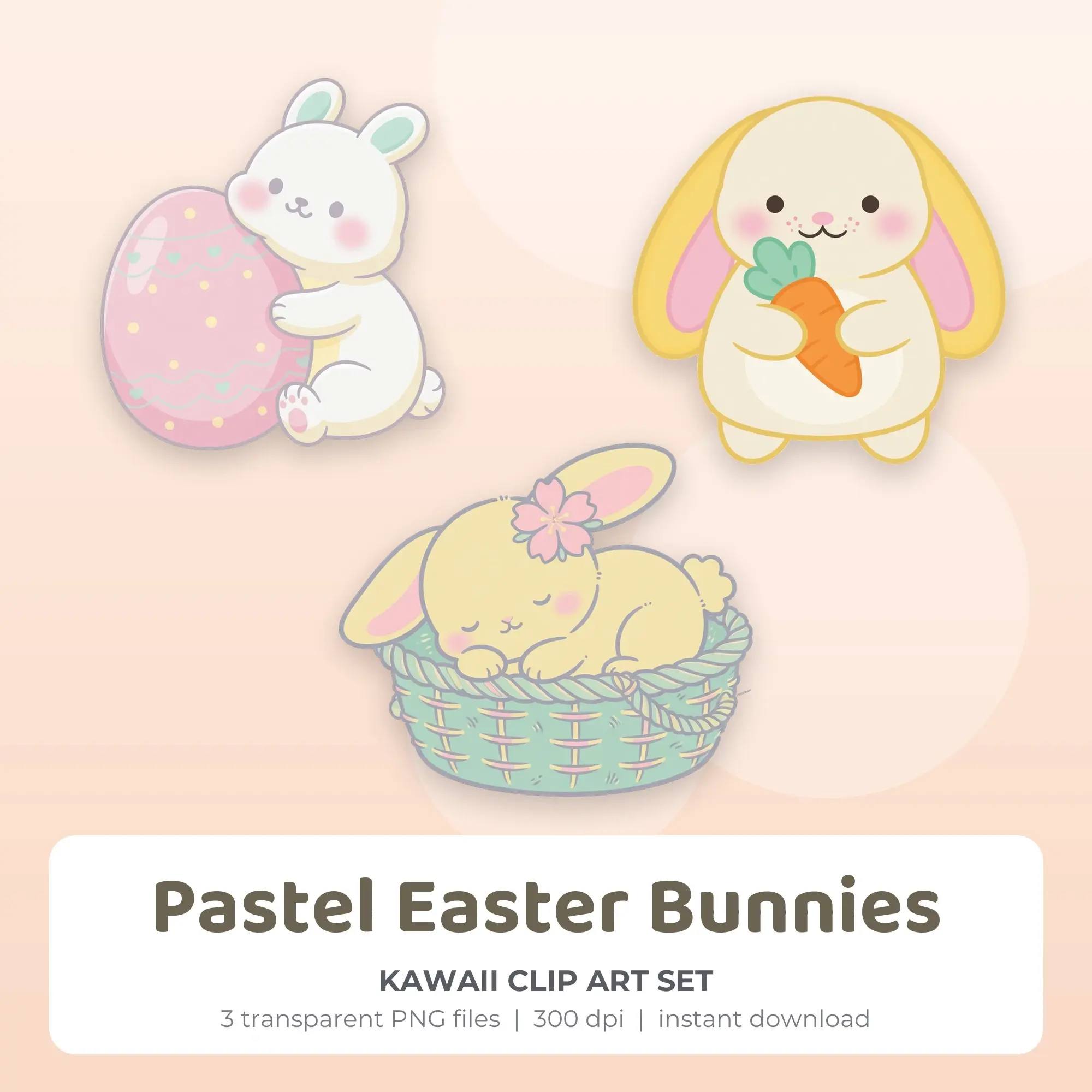 Pastel Easter Bunnies Clip Art (Kawaii) - 3 Transparent PNG preview