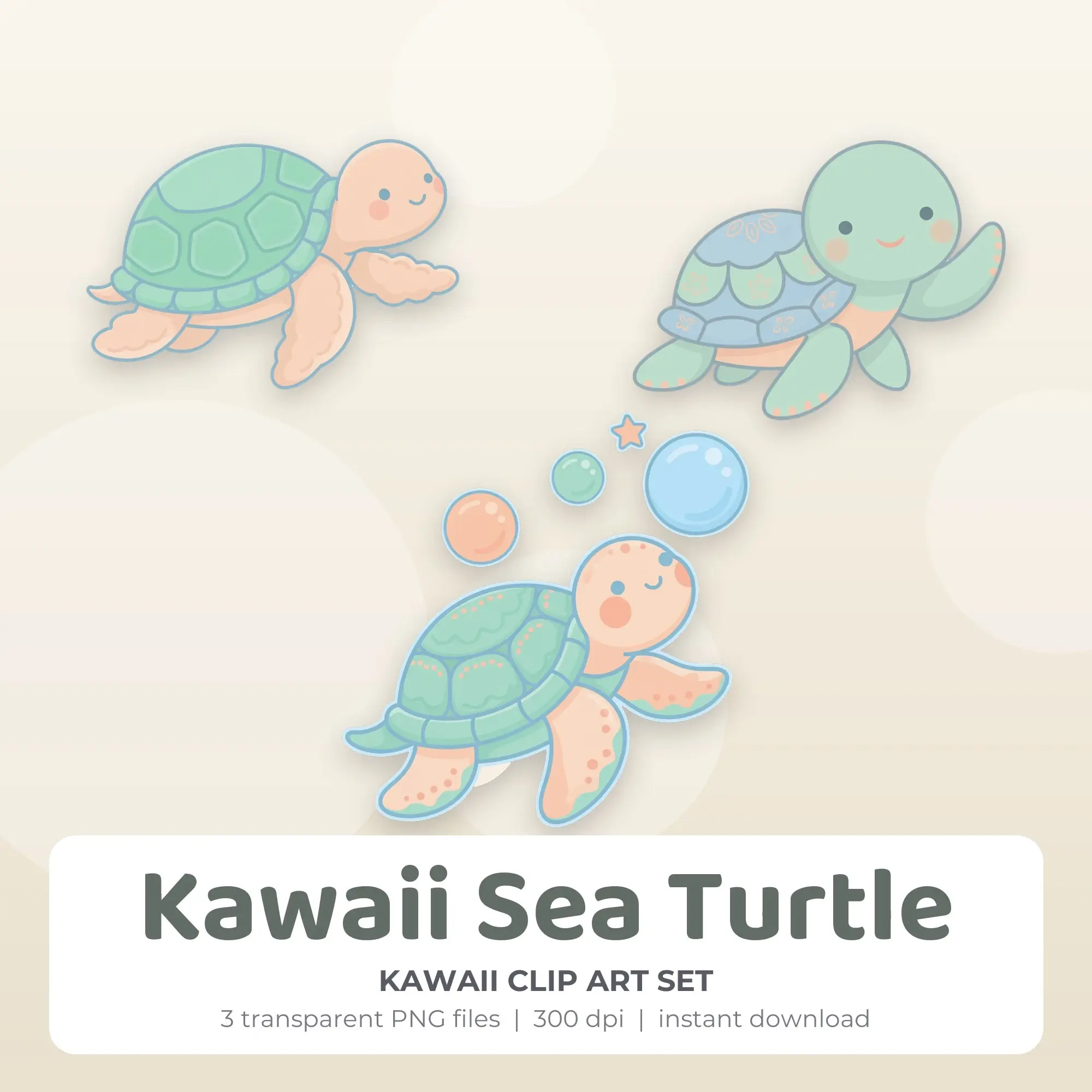 Kawaii Sea Turtle Clip Art Set - 3 Transparent PNG preview