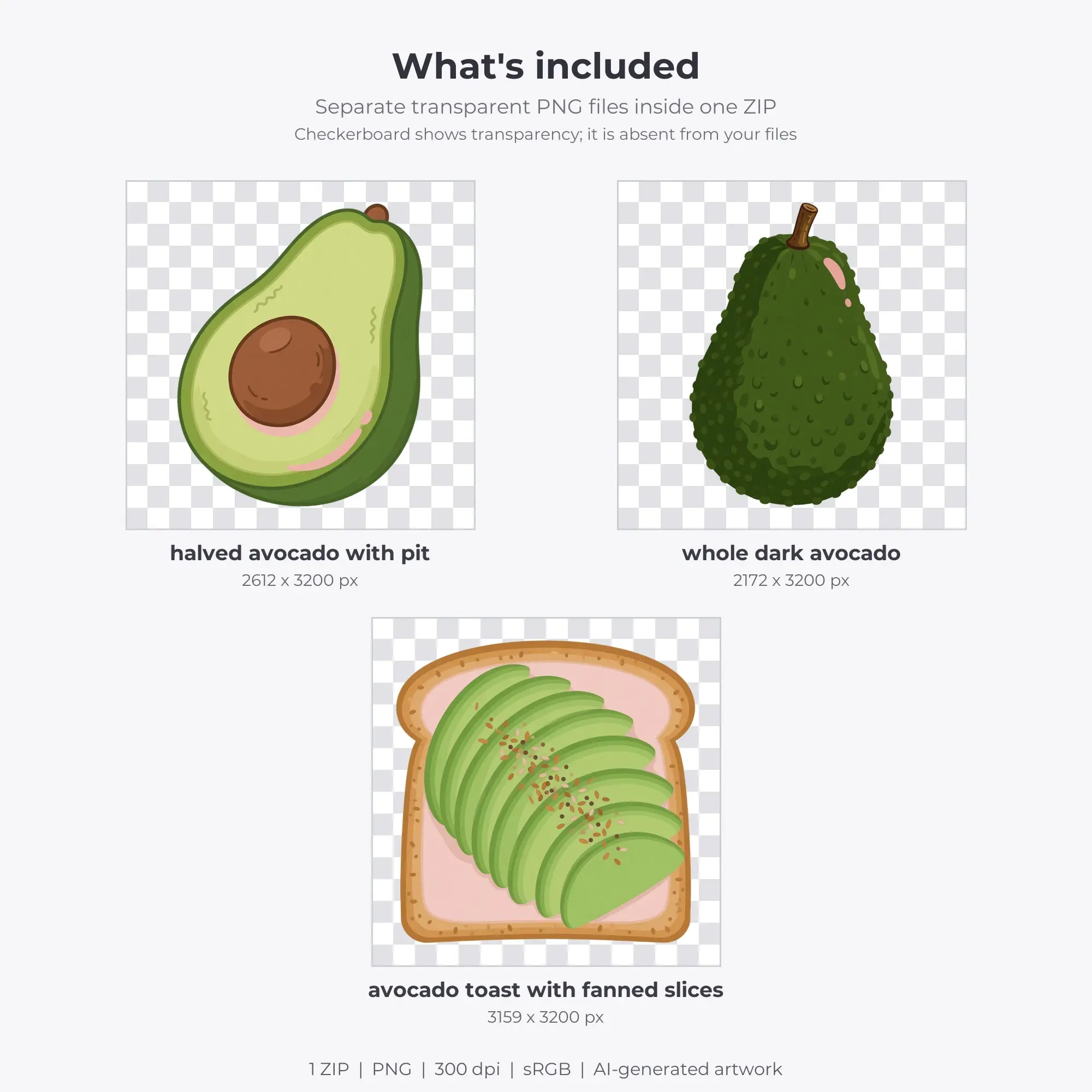 Avocado Clipart Set, Flat Vector Style - 3 PNG, preview 2 of 2