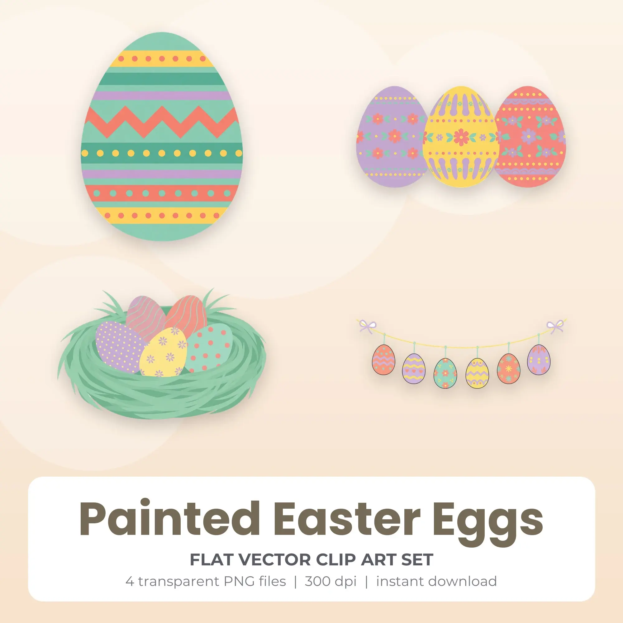 Painted Easter Eggs Clip Art (Flat Vector) - 4 Transparent PNG preview