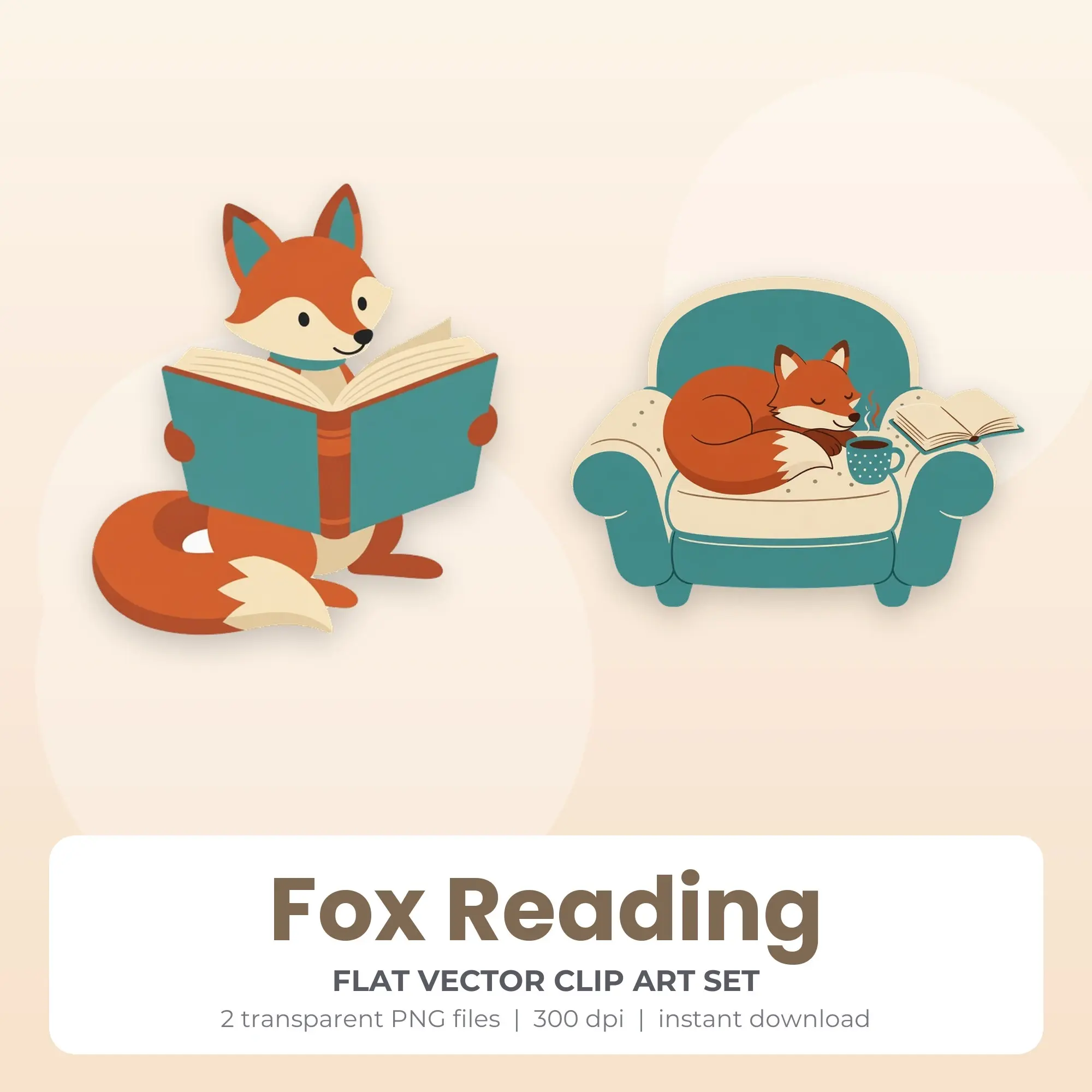 Flat Vector Fox Reading Clip Art Set - 2 Transparent PNG preview