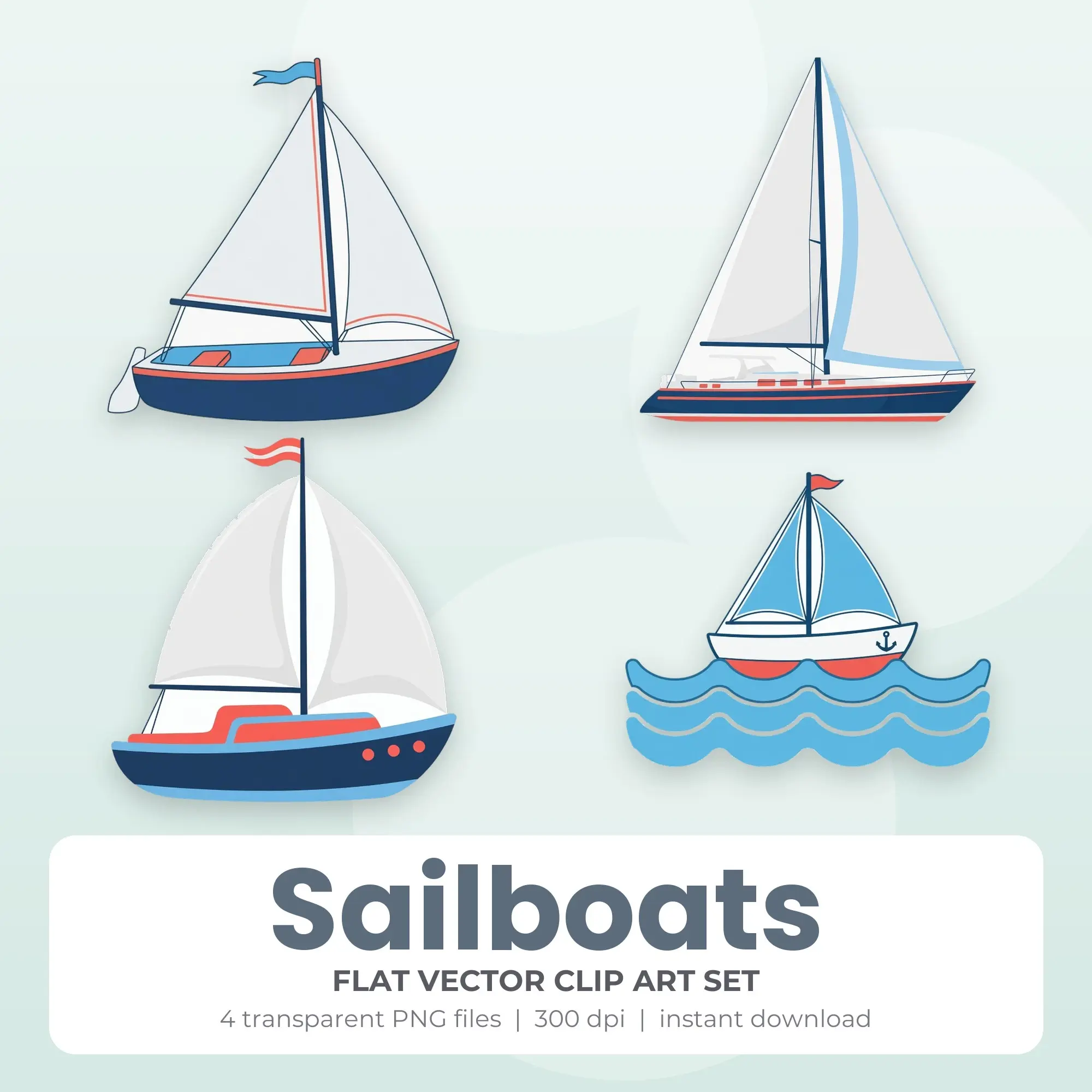 Sailboats Clipart Set, Flat Vector Style - 4 PNG preview