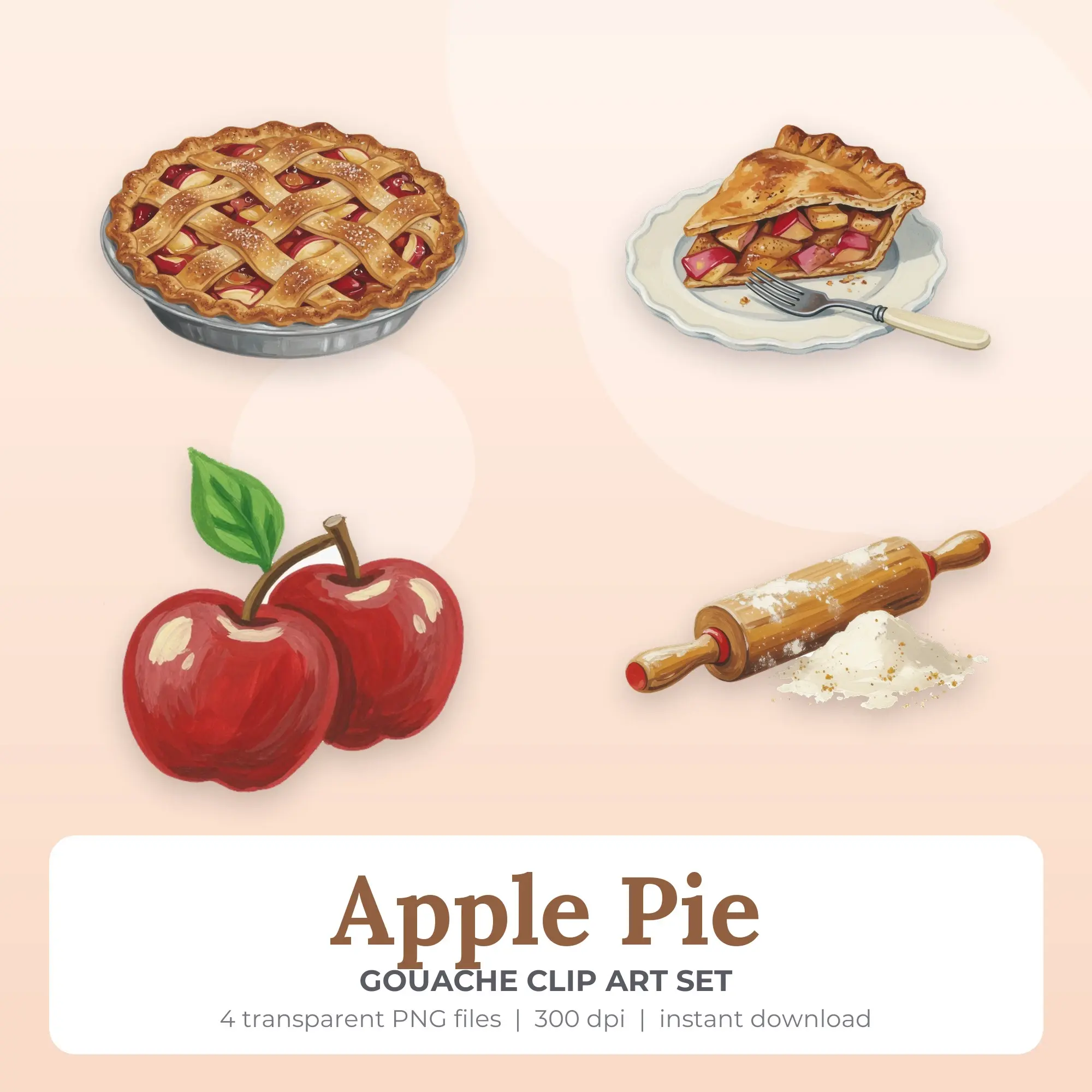 Gouache Apple Pie Clip Art Set - 4 Transparent PNG preview