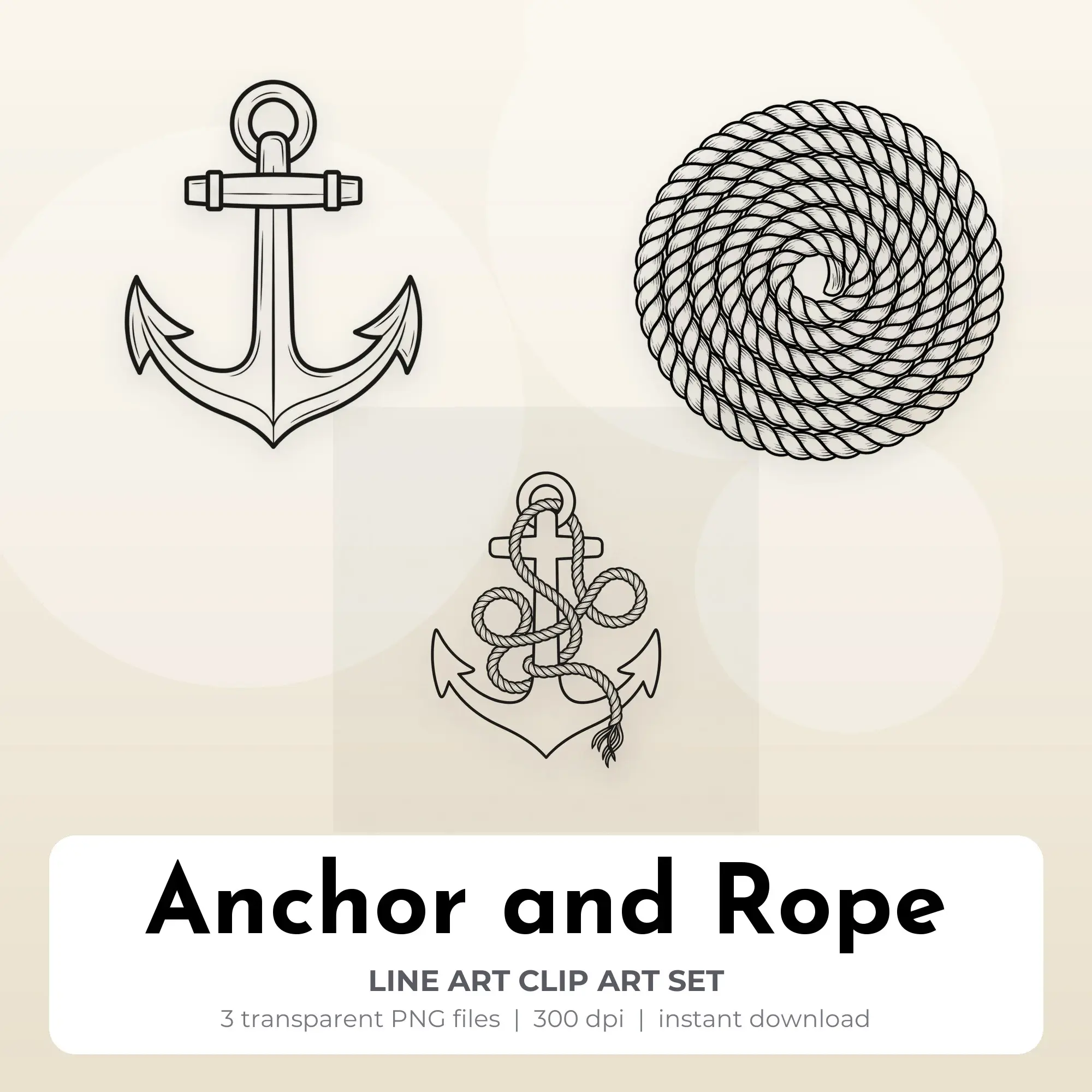 Line Art Anchor and Rope Clip Art Set - 3 Transparent PNG preview