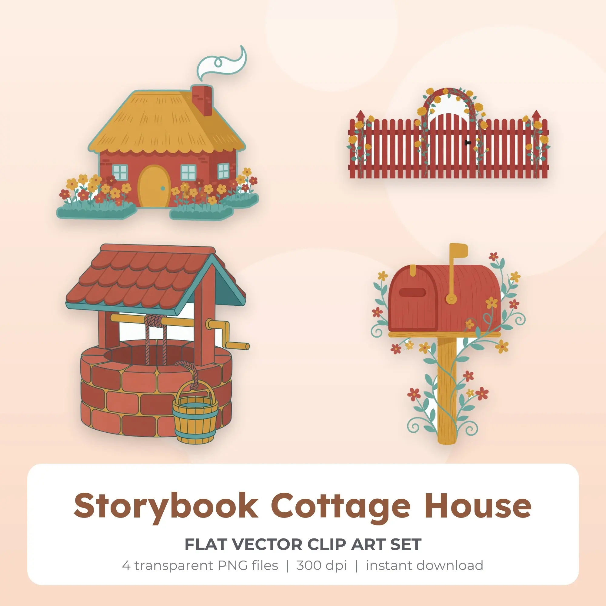 4 Flat Vector Storybook Cottage House Clip Art PNG Files preview
