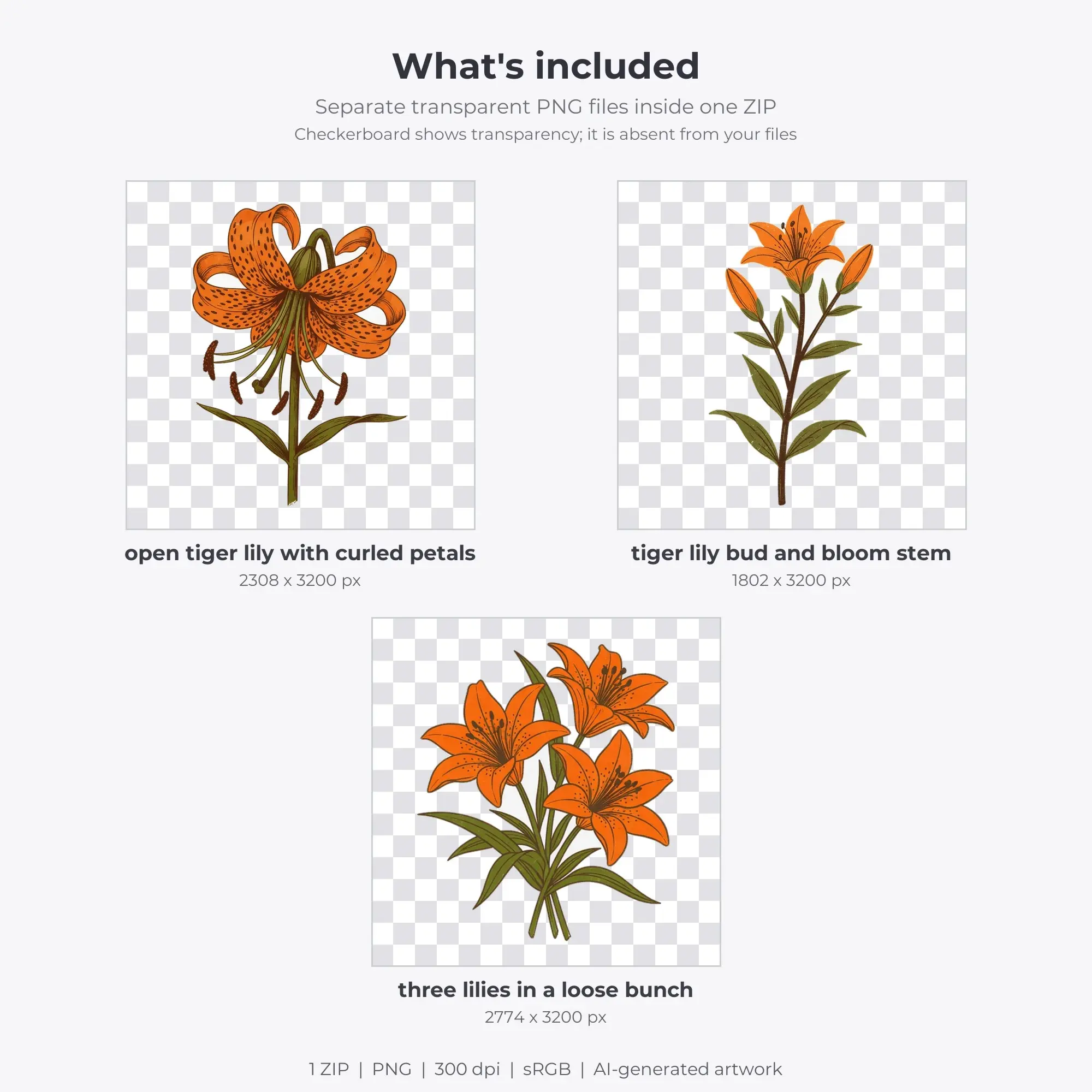 Retro Tiger Lily Clip Art Set - 3 Transparent PNG, preview 2 of 2