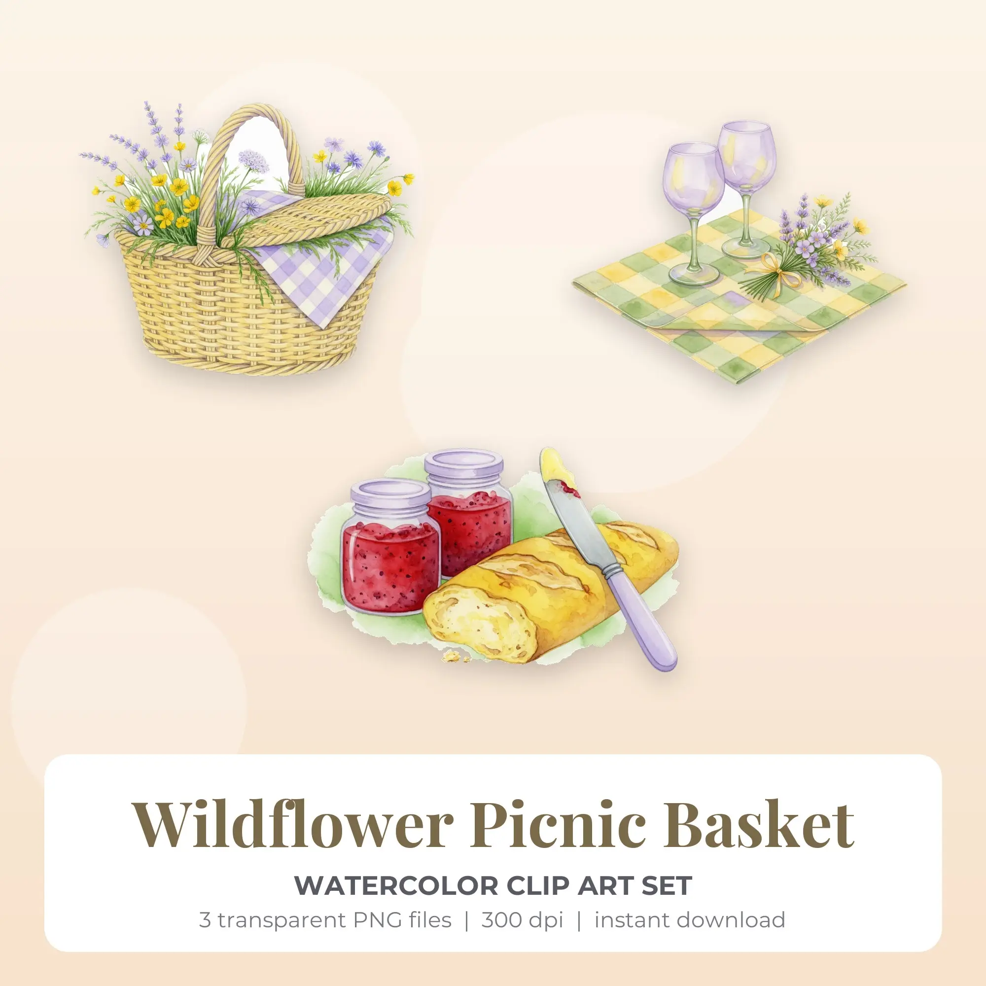 Watercolor Wildflower Picnic Basket Clip Art - 3 PNG preview