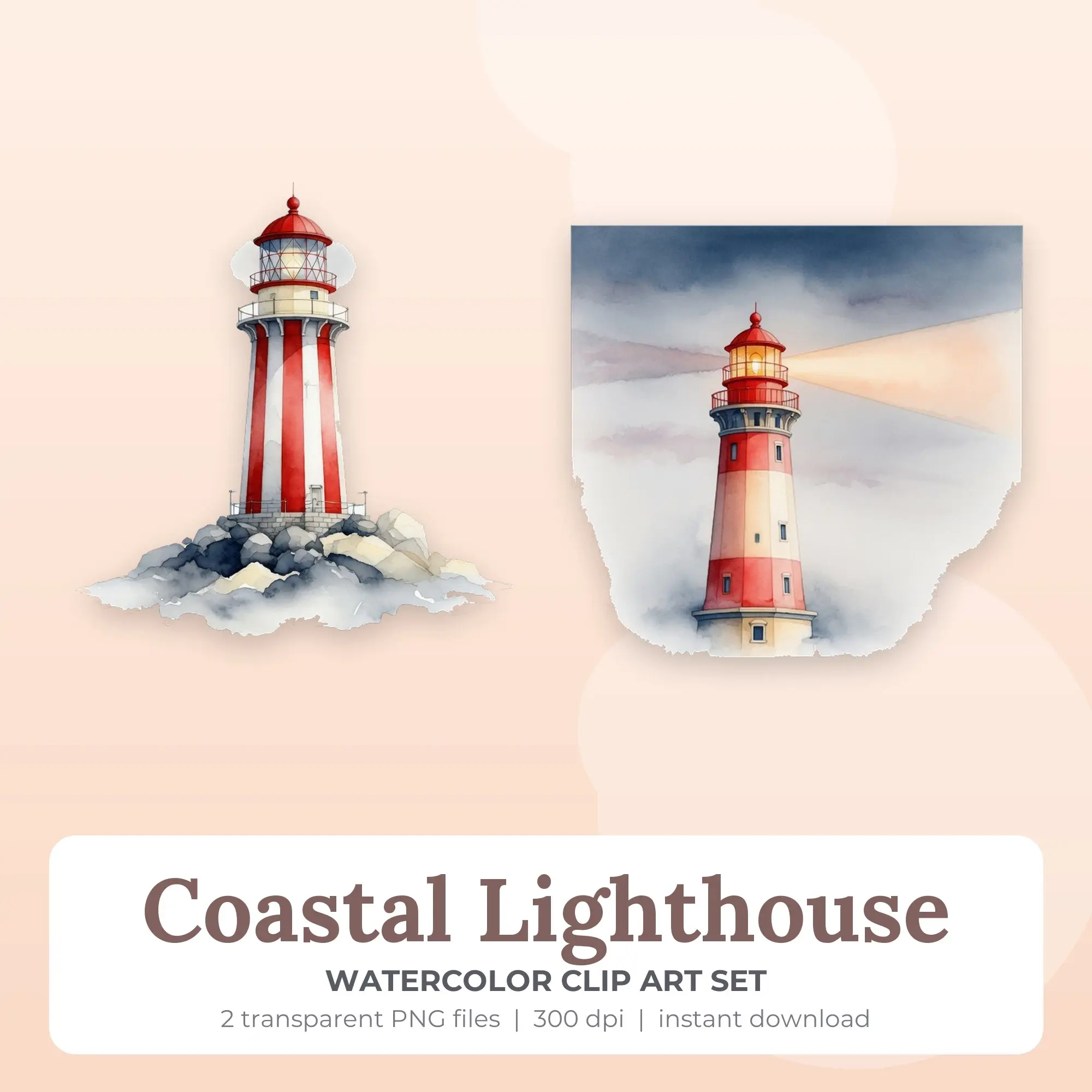 Watercolor Coastal Lighthouse Clip Art - 2 PNG preview