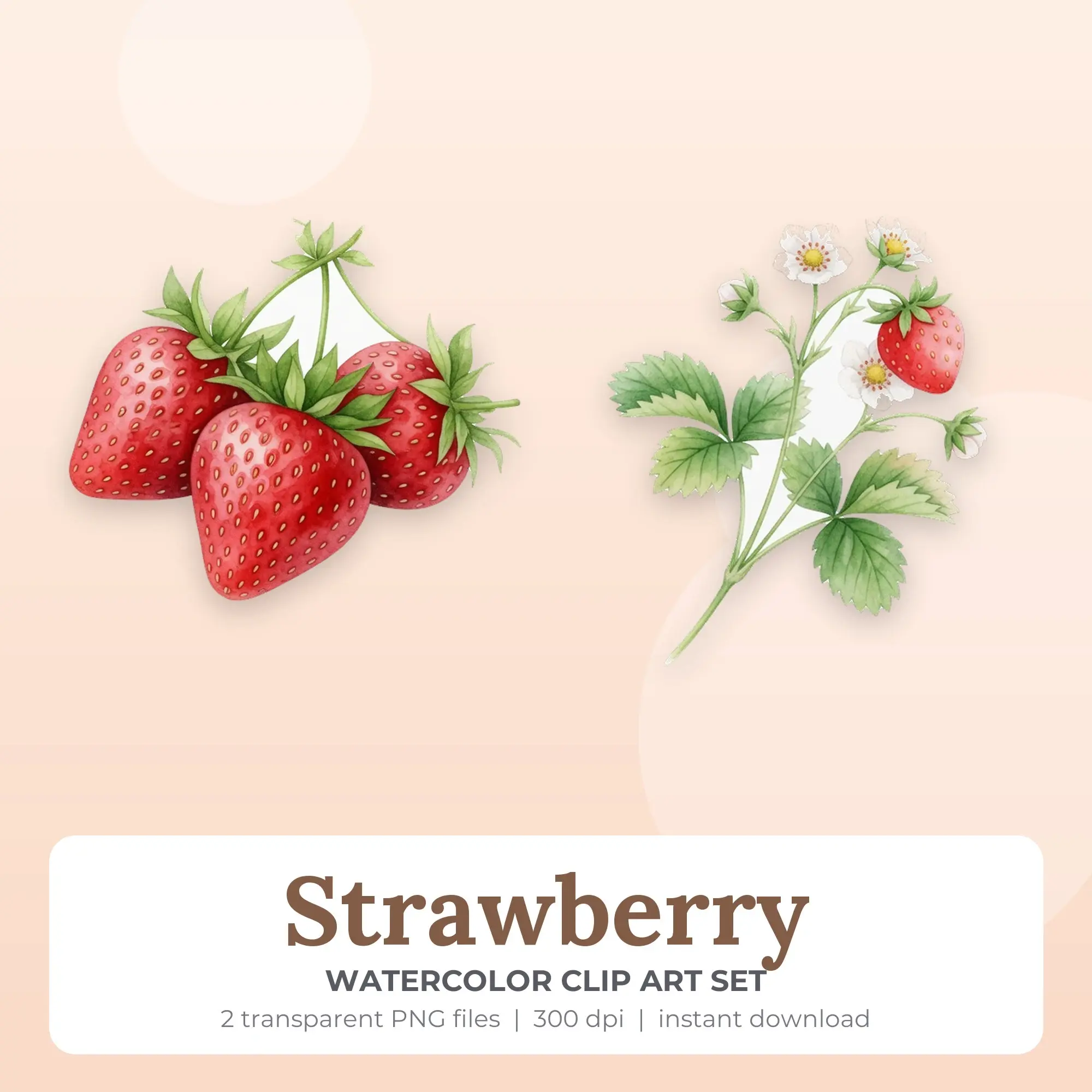 Watercolor Strawberry Clip Art Set - 2 Transparent PNG preview