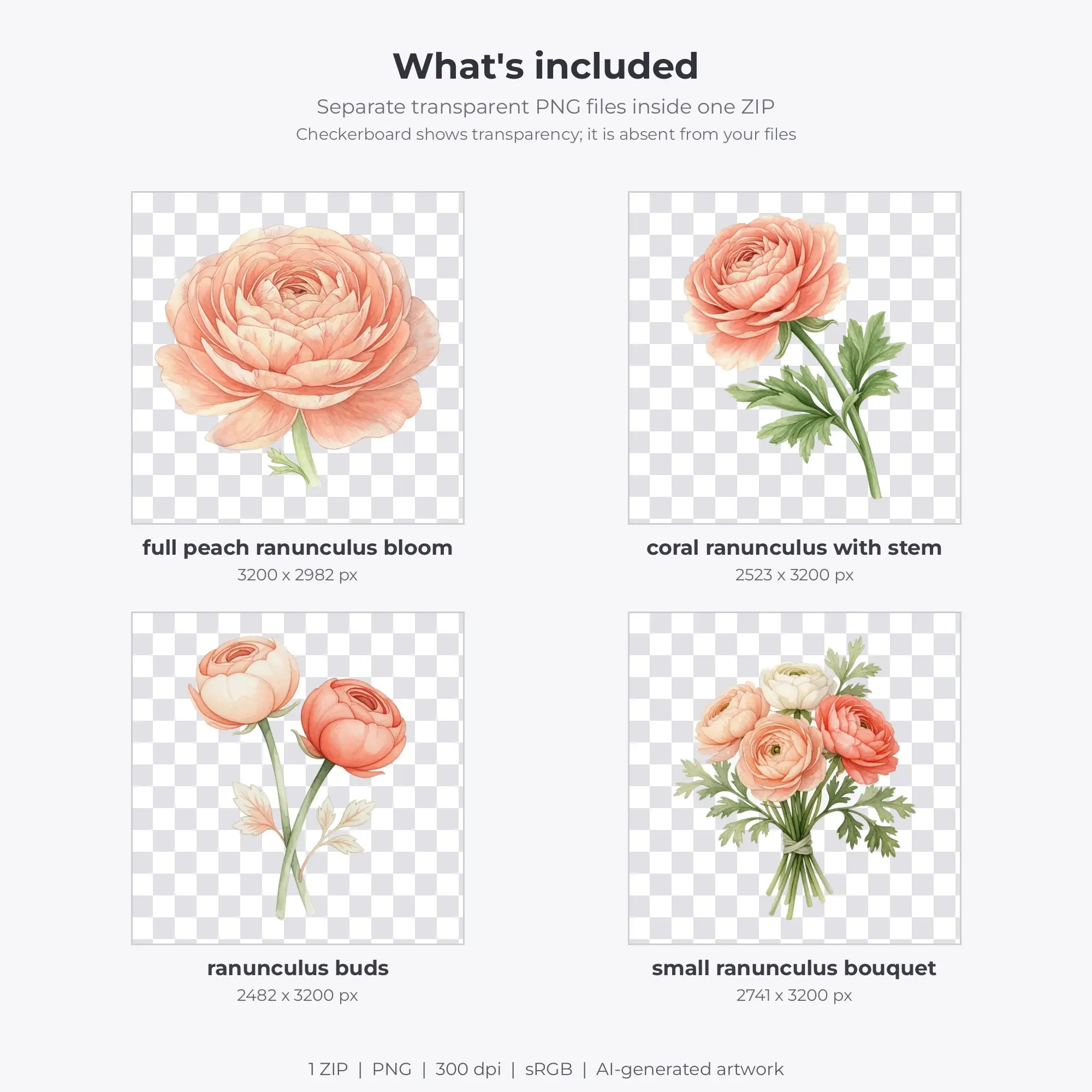 Watercolor Ranunculus Clipart - Transparent PNG, 4 Images, preview 2 of 2