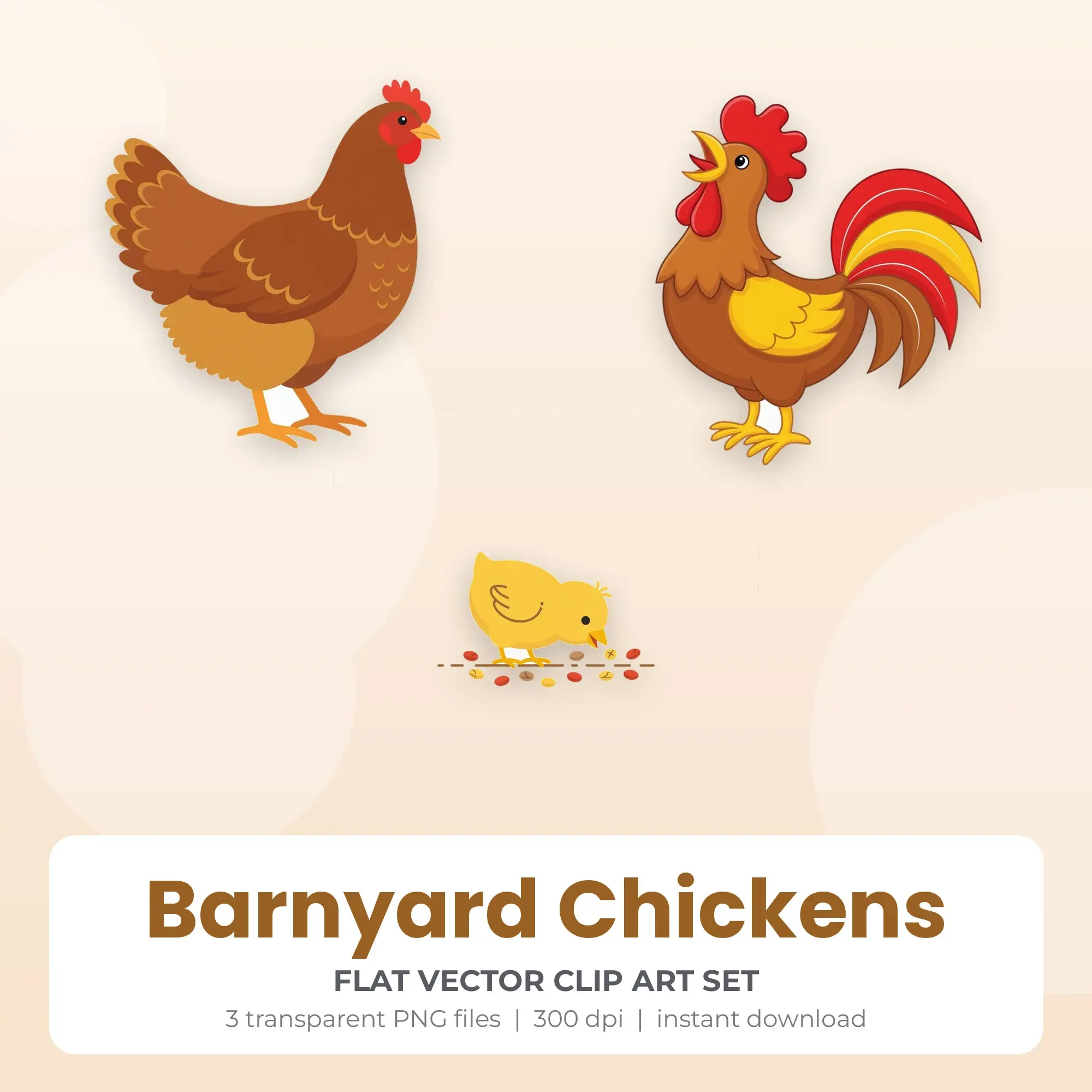 Flat Vector Barnyard Chickens Clip Art Set - 3 Transparent PNG preview